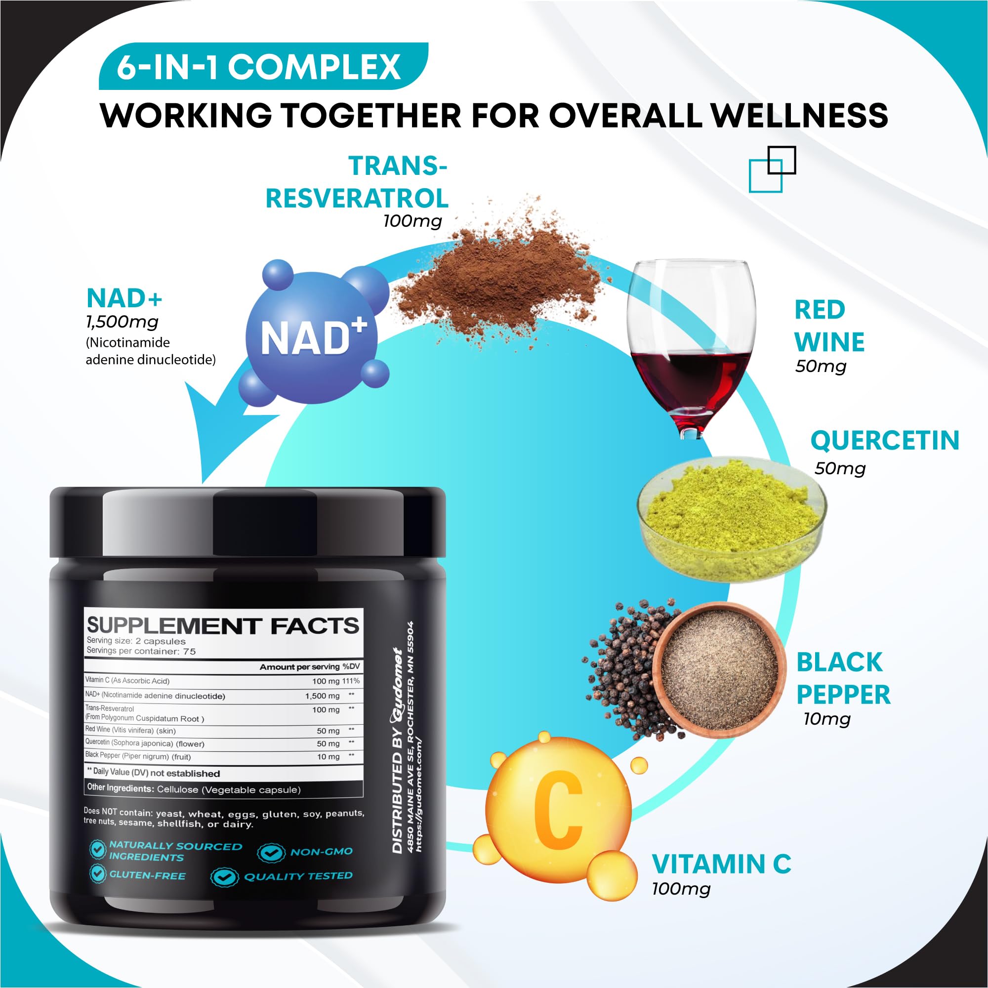 NAD+ with Trans-Resveratrol, Red Wine, Quercetin & Vitamin C – Supports Cellular Wellness & Healthy Aging-150 Capsules- Made in The USA