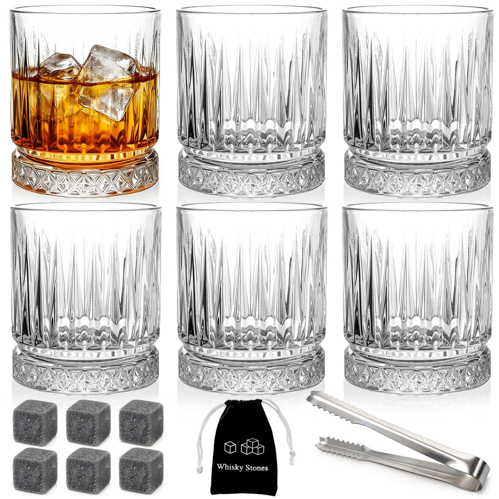 ZEAYEA Juego de 6 vasos de whisky, vasos de 12 onzas, vasos gruesos con fondo pesado para whisky, bourbon, manhattans, cócteles antiguos, transparentes