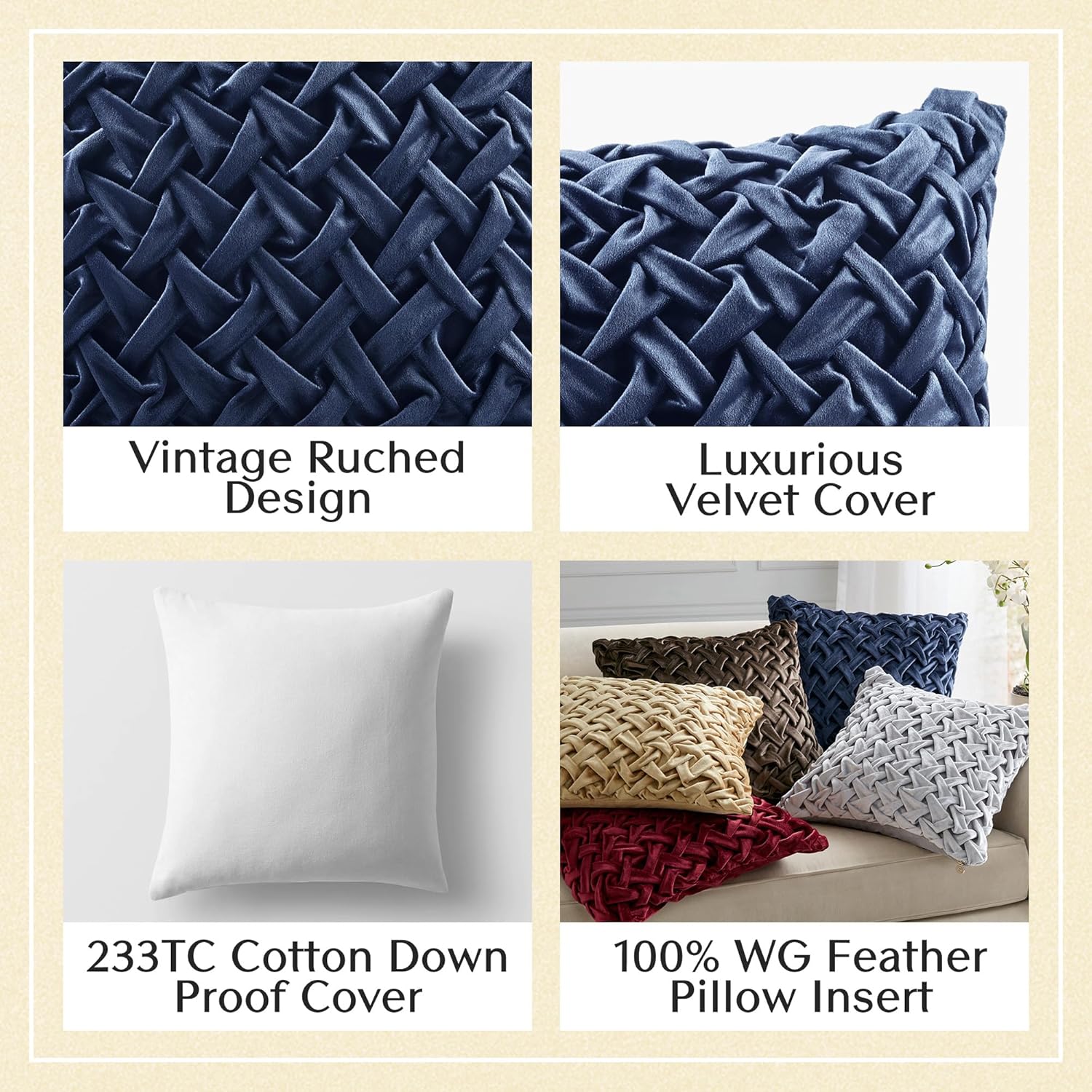 Croscill Classics Décor Pillow, Luxurious Vintage Ruched Velvet, Removable Cover, 100% White Goose Feather Décor Pillow, 233TC 100% Cotton Down Proof Cover, Winchester, Square 20x20, Navy