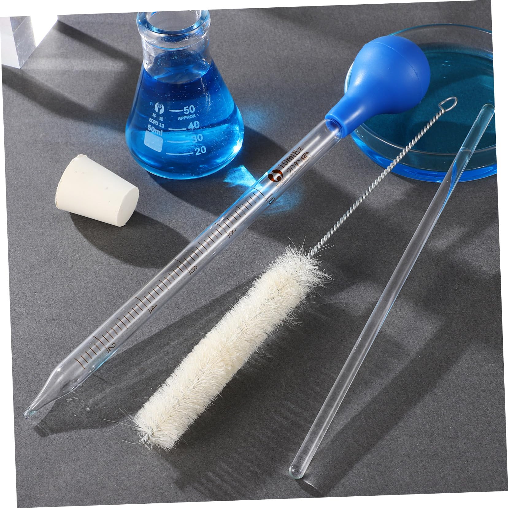 Juego de Matraz Erlenmeyer de Vidrio 50ml con Goteros | Escala Estándar y Medición Precisa, Base Redonda, 1 Set con Cepillo de Limpieza