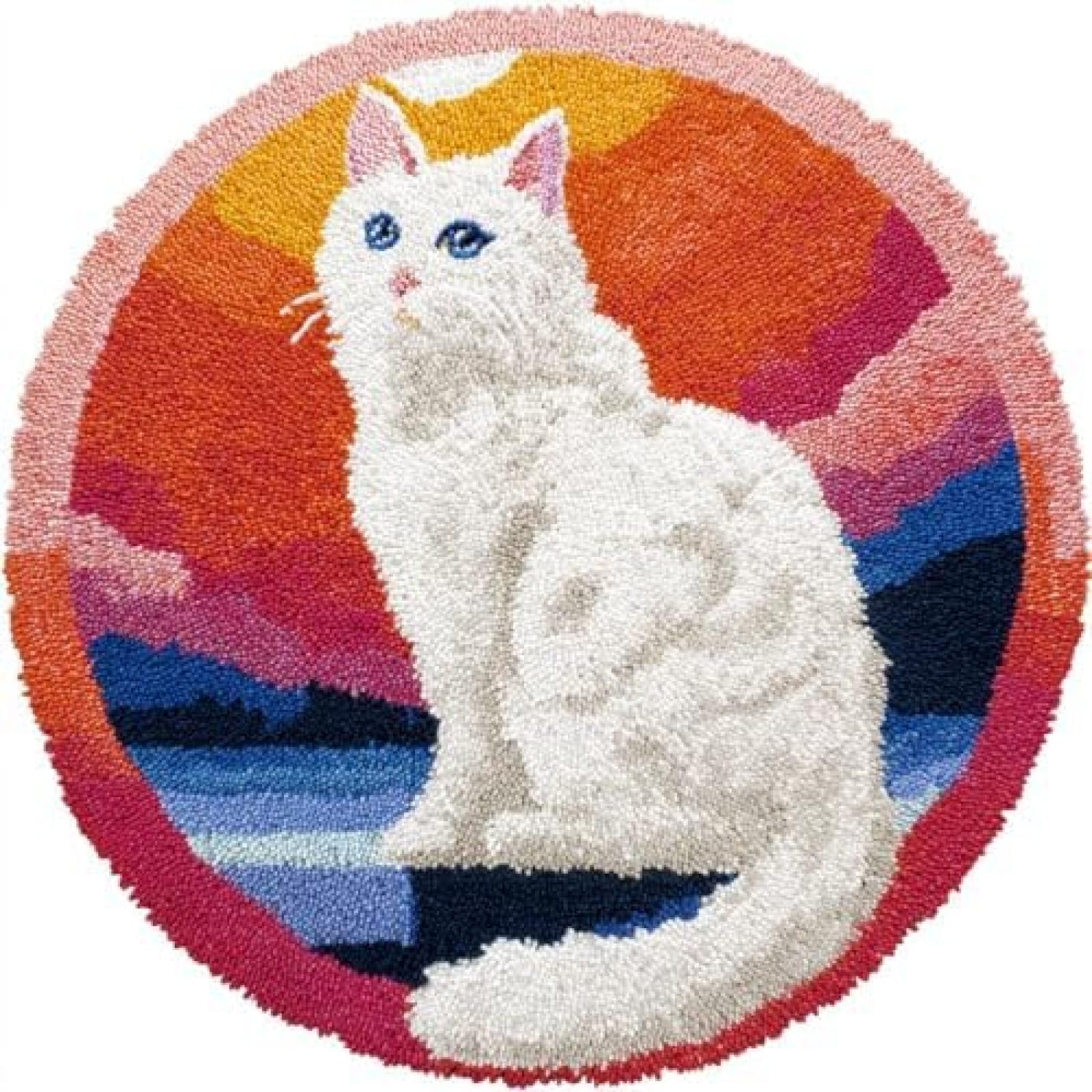 XDEGHUANGSS Latch Hook Rug Kit Turkish Angora Cat Sit On Moon Round Rug 52x52cm