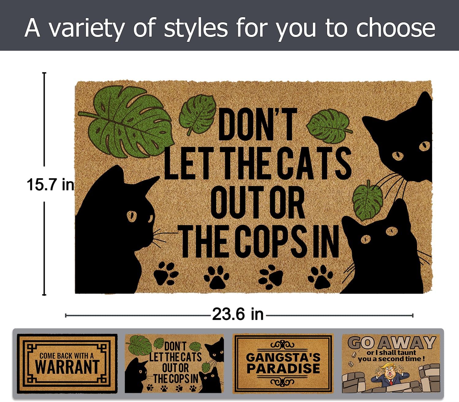 Cat Door Mat Welcome Mat - No-Shed Faux Coir & Non-Slip Backing - Funny Doormat with Don't Let The Cats Out or The Cops in Design for Rainy Outdoor Entrance, Front Door, Porch, 23.6" x 15.7"