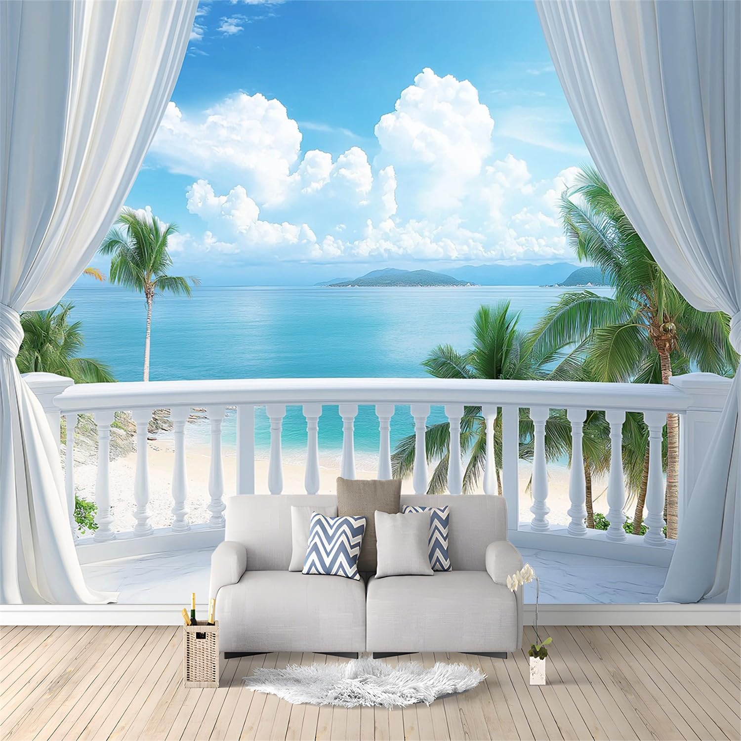 Mural Wallpaper Landscape Sea Clouds Non-Woven Art Print Wall Mural Decor Poster Picture Design Modern Living Room Kitchen Dining Room Bedroom Wall Mural Wallpaper 250 x 175 cm White Blue — image 1