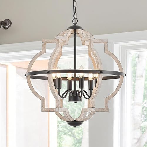 6-Light Farmhouse Wood Pendant Light,22.83'' Vintage Rustic Light White Wood