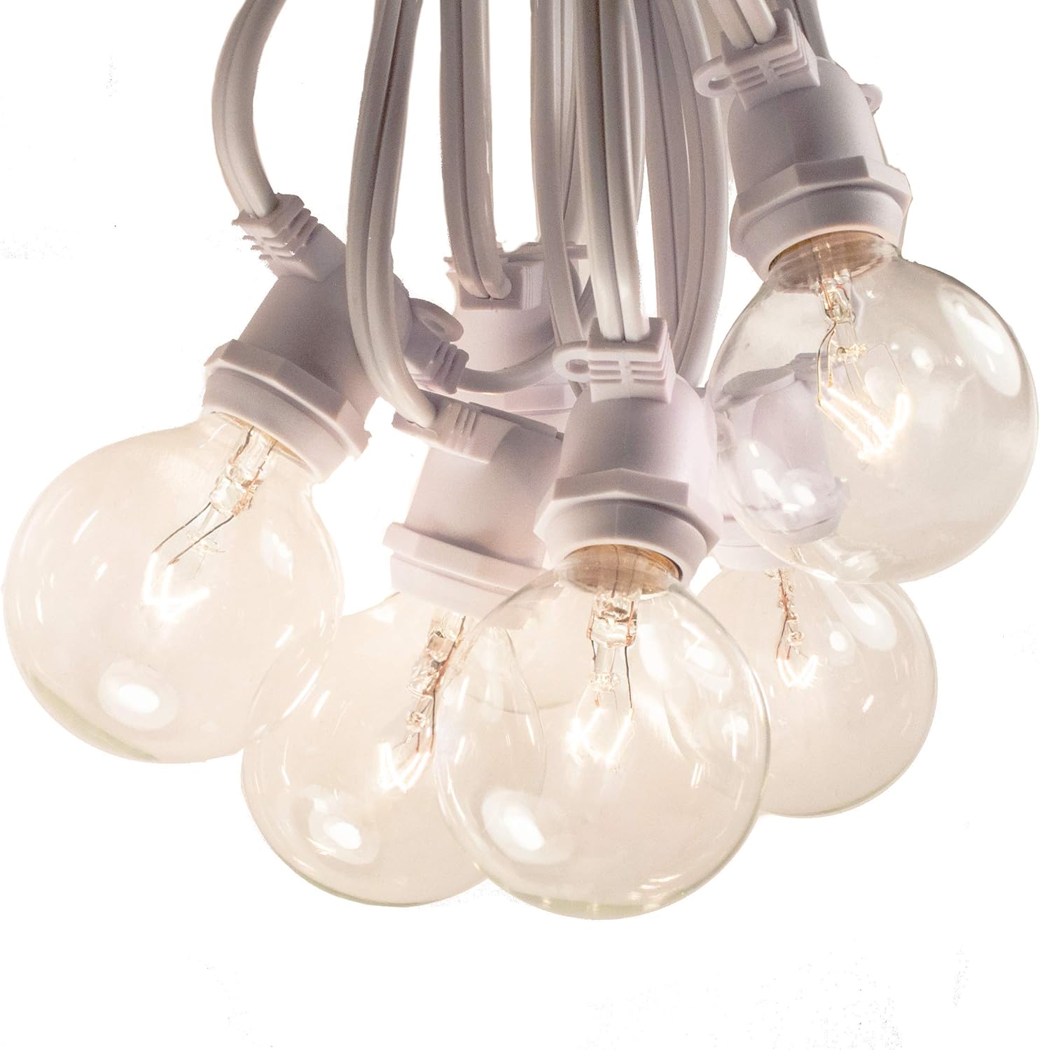Hometown Evolution, Inc. 50 Foot C9 Commercial Exterior Globe String Lights with 40 G50 2 Inch White Satin Bulbs (Black Wire) for Weatherproof Heavy Duty Vintage Outside Lighting
