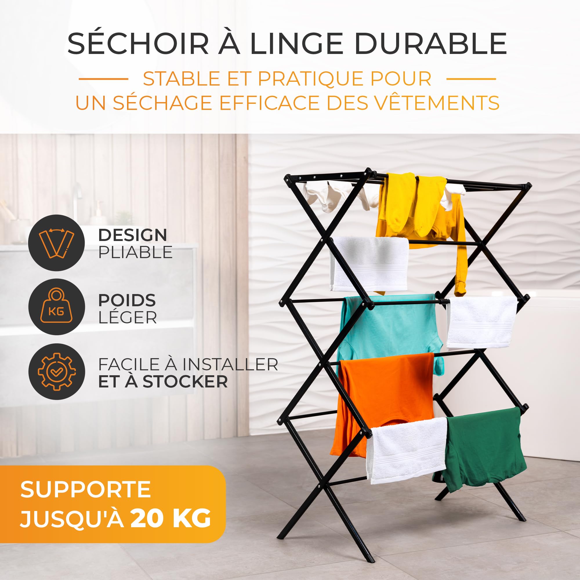 Etendoir Linge Interieur Pliable - Sechoir a Linge Extensible, Robuste & Peu encombrant, 6 Niveaux avec 11 Barres, Tour à Linge Pliable et Extensible, seche Linge Durable, Blanc