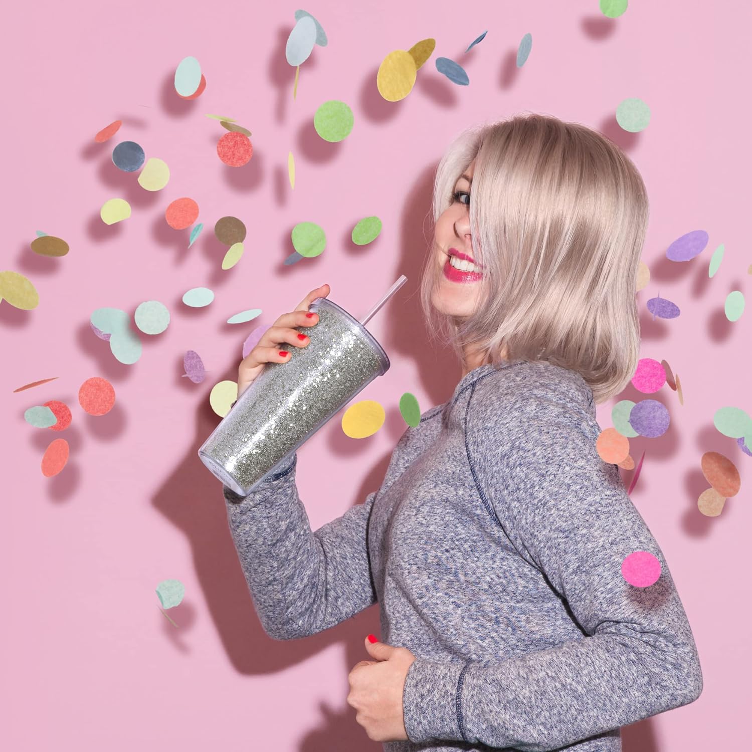 Blush Glam Double Walled Glitter Acrylic Plastic Tumbler with Lid and Straw, Reusable Cups for Smoothie, Iced Coffee Tumblers, 24 oz Set of 1, Silver - Image 4