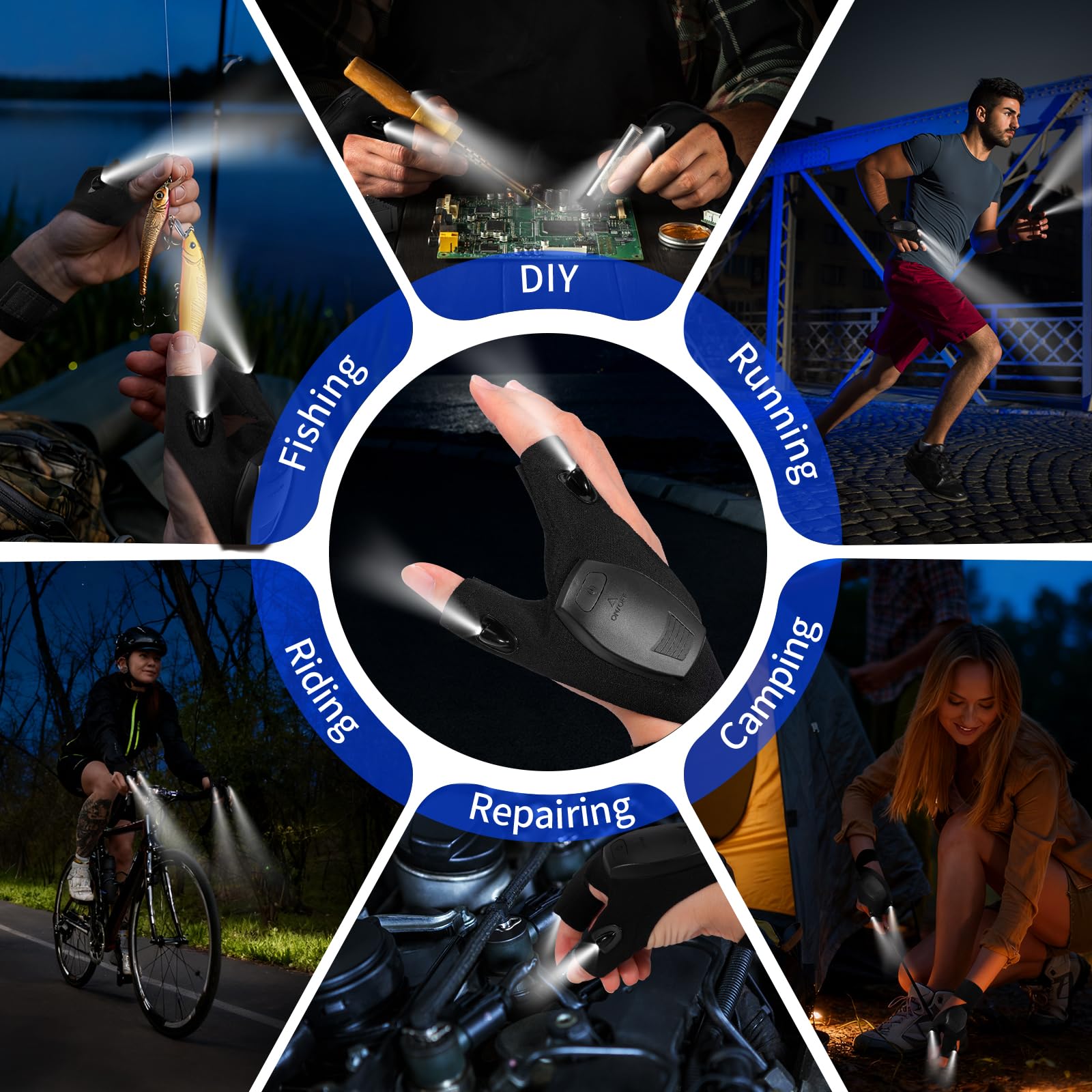 2X Gant Lumiere Mecanique, Gants de Pêche, Lumineux LED Adulte, Cadeau de Noël, Rechargeable Pêche Cadeau Pecheur pour Hommes, pour la Réparations et Le Travail