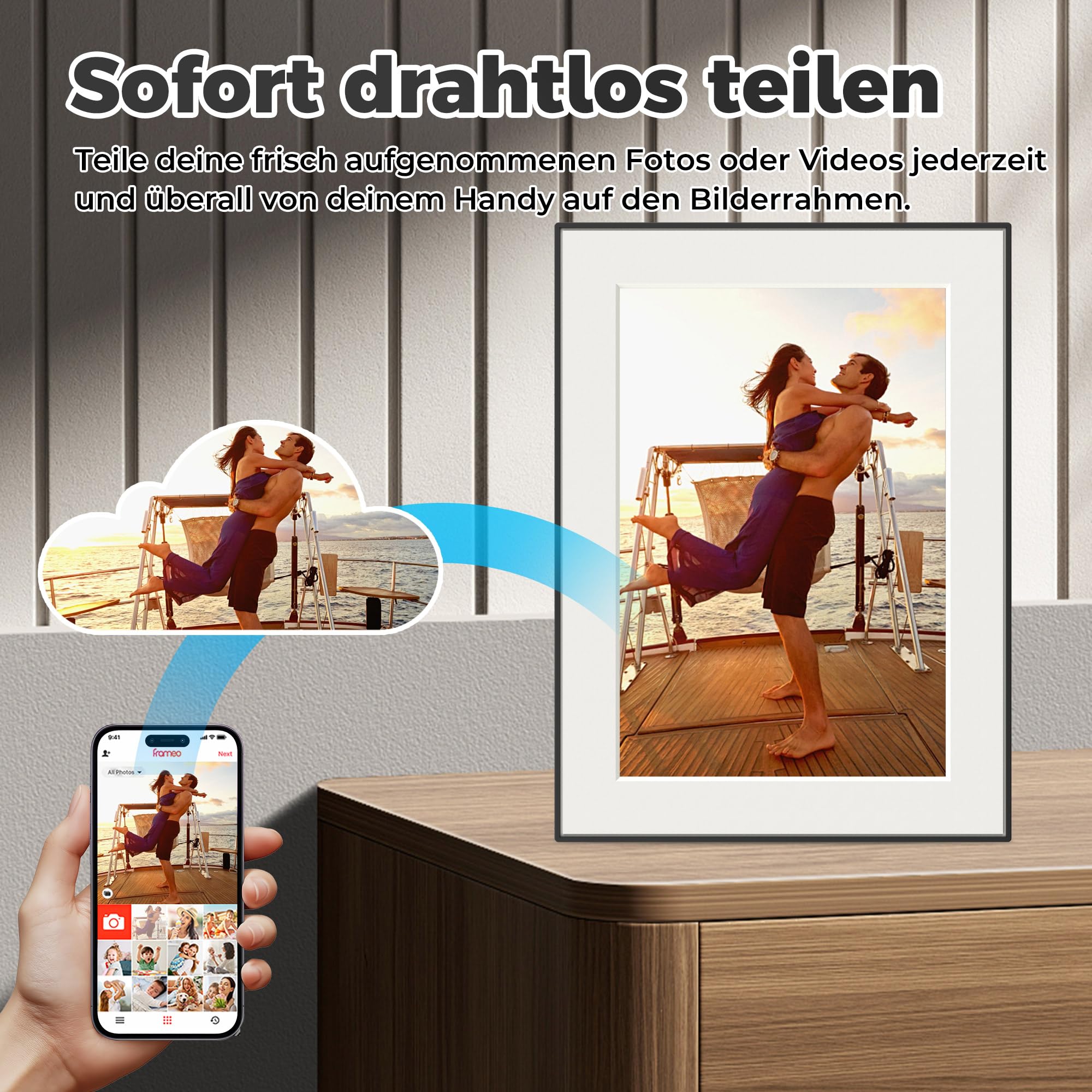 Frameo WiFi Digitaler Bilderrahmen, 10,1 Zoll 32GB Digital Photo Frame 1280x800 IPS HD Touch Screen, Automatische Drehung, sofort Fotos/Videos teilen via Frameo-App von überall.