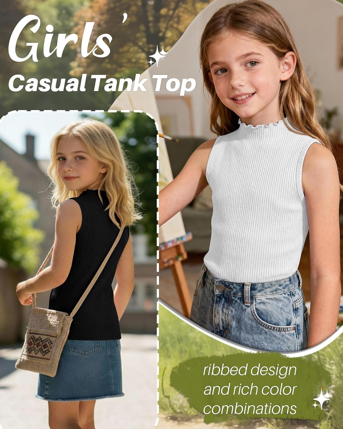 3 Pack Girls Mock Neck Tank Tops Ribbed Turtleneck Slim Fit Lettuce Trim Tops Casual Sleeveless Basic Undershirts - Image 6