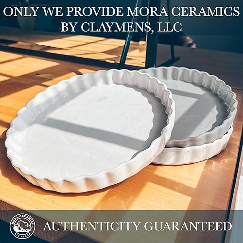 Miniatura 3 de Mora - Sartén de cerámica para hornear de porcelana grande de 9.5 pulgadas para tartas, quiche, pastel, flan, etc. Borde acanalado con volantes,