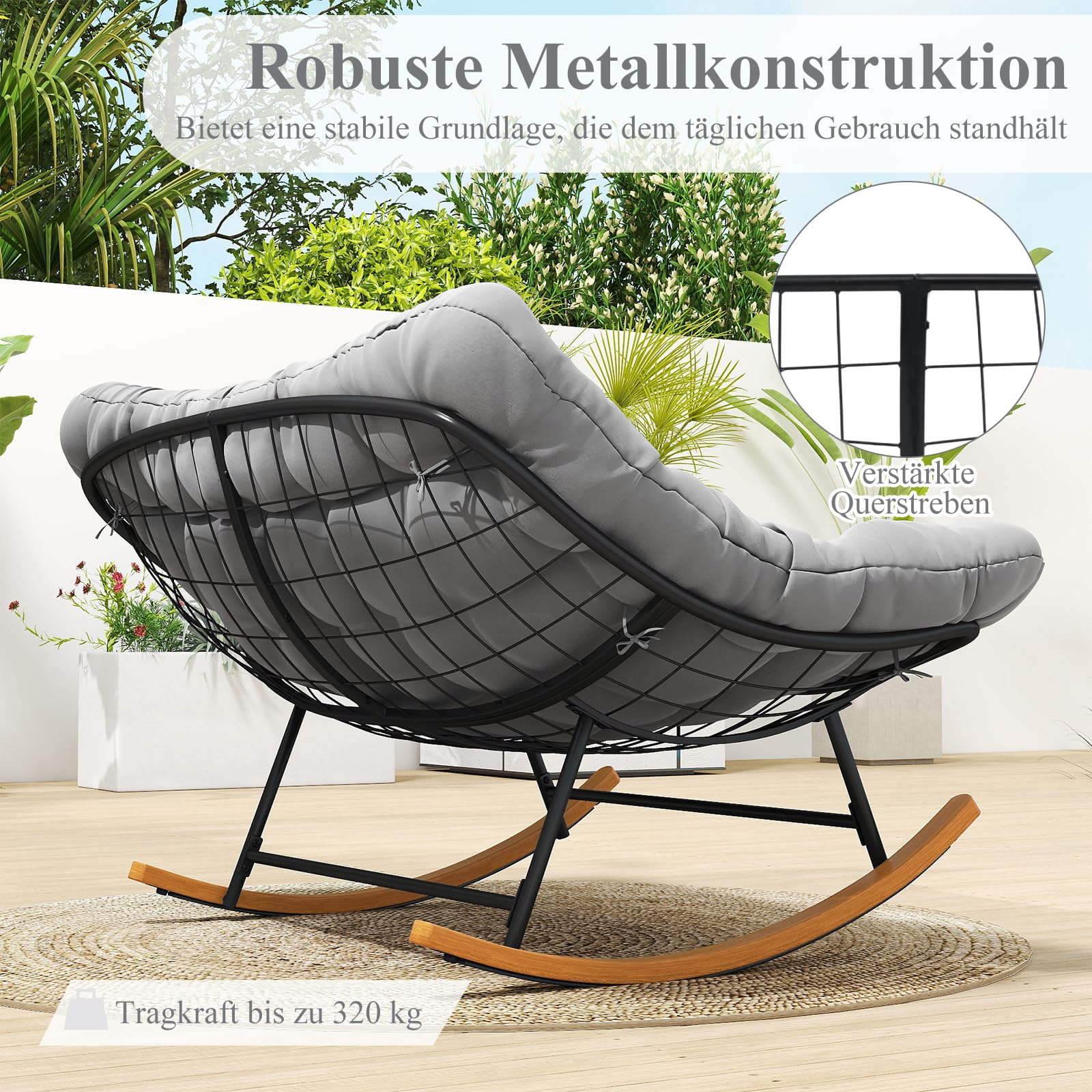 COSTWAY Schaukelstuhl 2 Personen Outdoor, Schaukelsessel mit dickem Kissen | XXL Relaxsessel bis 320 kg belastbar, für Balkon, Garten und Wohnzimmer, Hellgrau
