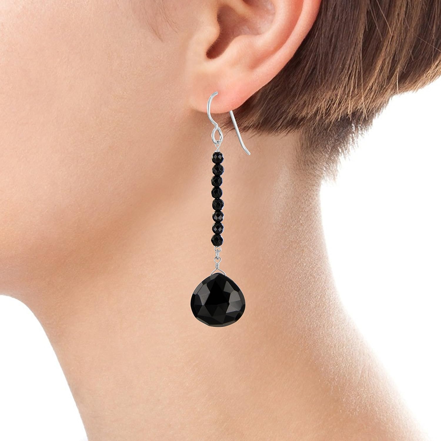 Black Onyx Gemstone Sterling Silver Dangle Drop Earrings, Black Earrings