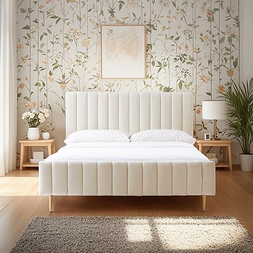 Queen Size Elton Velvet Platform Bed, Upholstered Bed Frame with