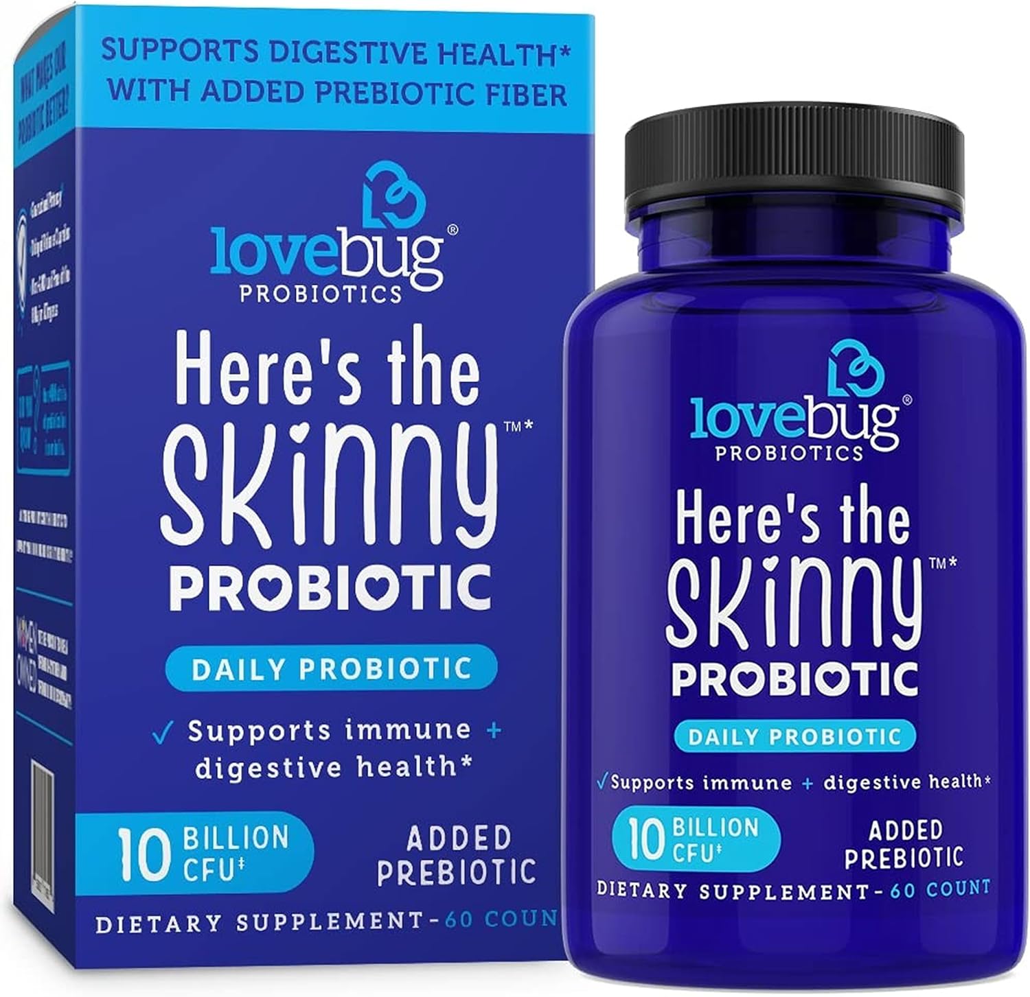 LOVEBUG Here's The Skinny | Helps with Constipation, Gas, Bloat & Digestive Upset | Multi-Strain Probiotics 10 Billion CFU, 60 Count