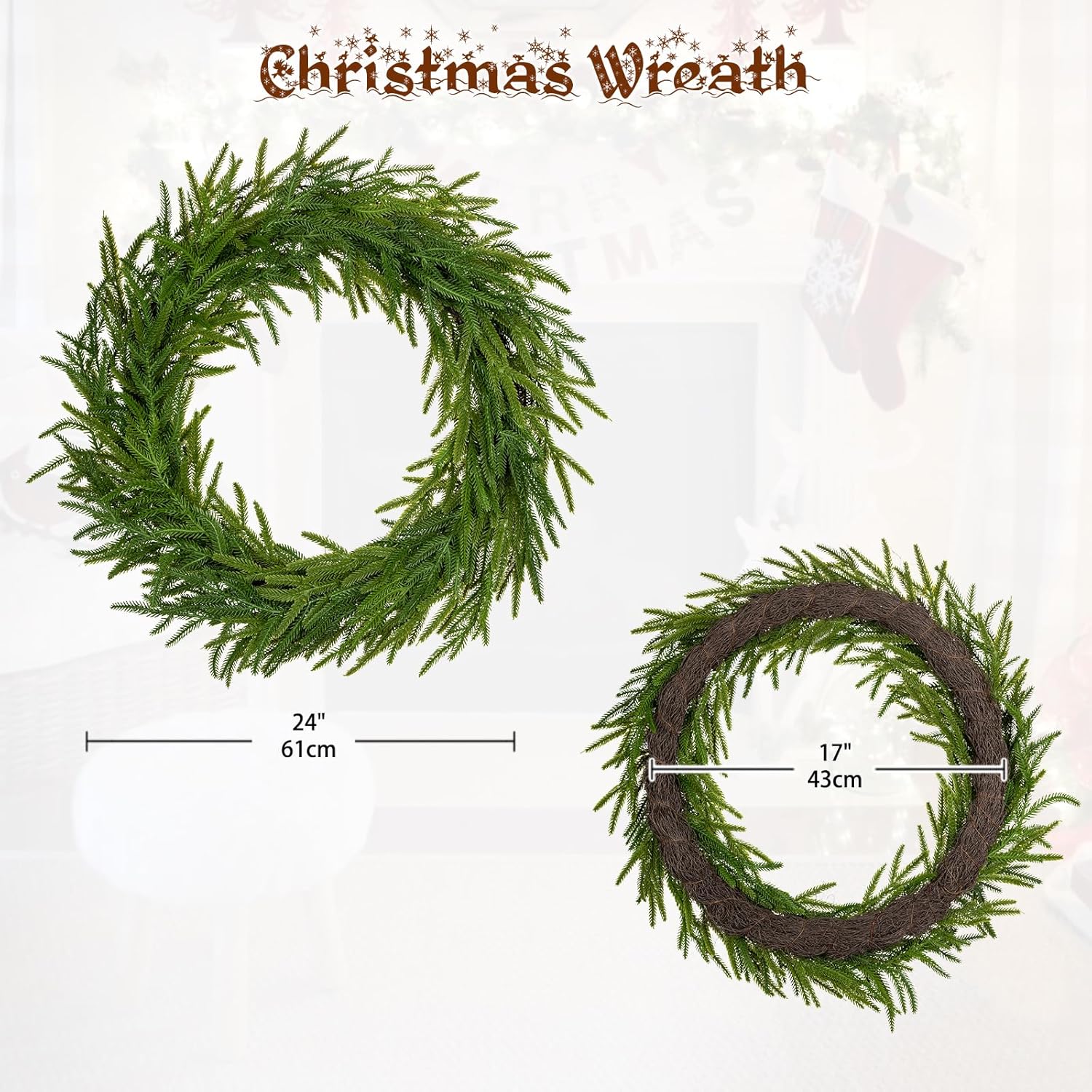 Hollyone 24" Real Touch Norfolk Pine Wreath for Front Door Large Artificial Winter Pine Plant Greenery Christmas Wreath for Front Door Window Walls Xmas Decor Indoor Outdoor Home Decoration - Image 2
