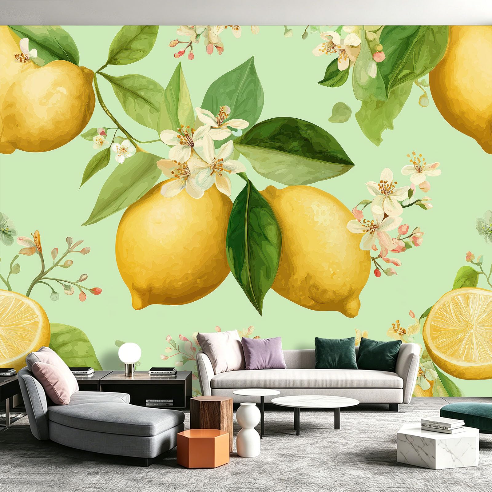 Générique Carta da parati Panoramica in tessuto non tessuto Retro Frutti floreali | Foto da parete in tessuto non tessuto 350 x 256 cm | Poster decorativo per soggiorno e camera da letto - Limone