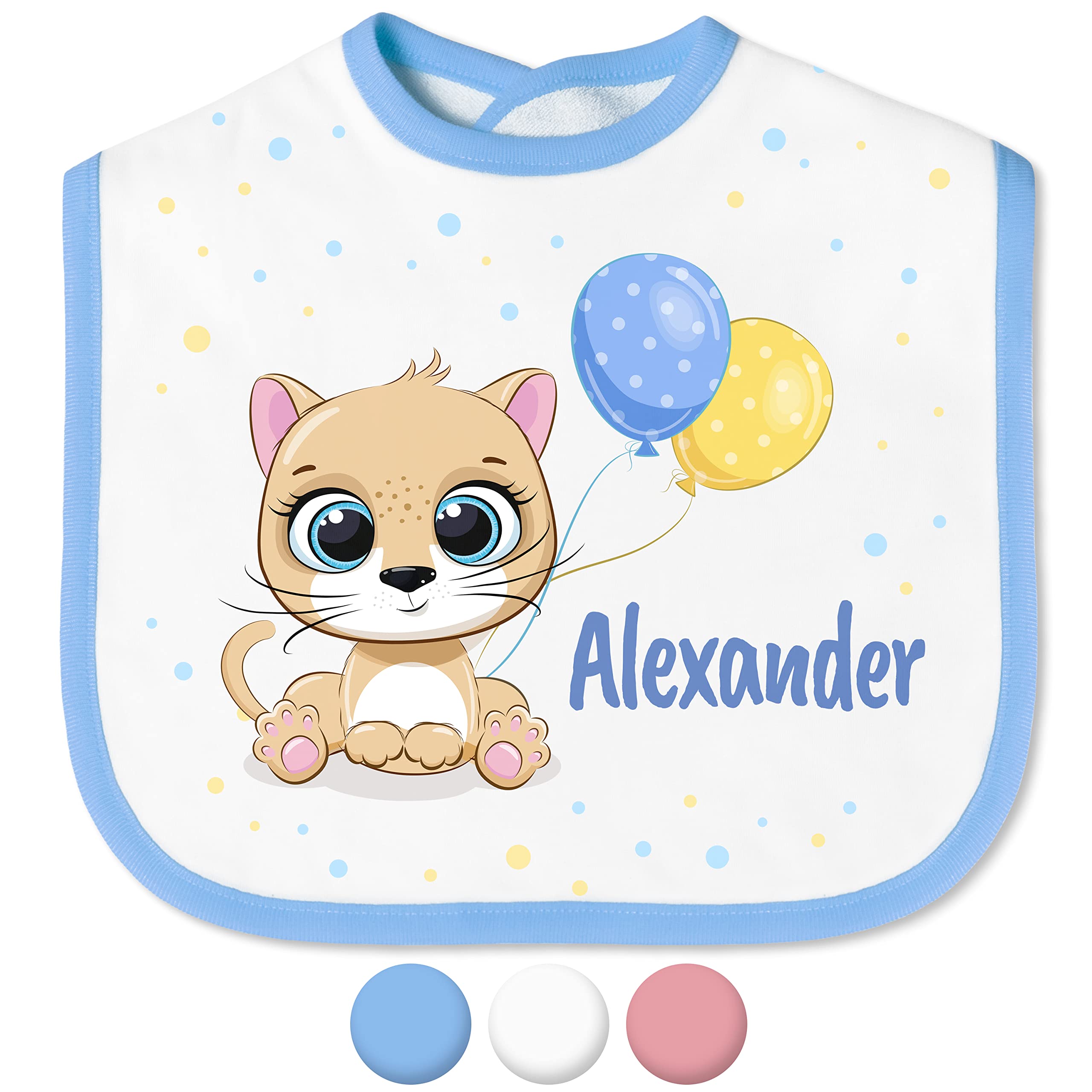 Babylätzchen mit Namen für Mädchen & Jungen – Lätzchen für Baby & Kleinkind personalisiert - mit Klettverschluss – Spucktuch Latz Kinderlätzchen - Geschenk für Kleinkinder (Katze, Blau)