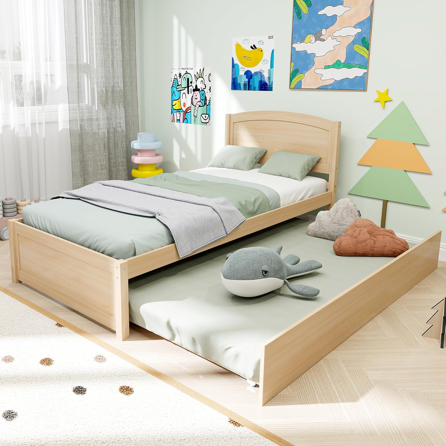 Twin Trundle Bed, Solid Wooden Pull Out Bed Frame, Extendable Day Bed with Headboard and Soild Wood Slats Support, Bedroom, Living Room, Guest Room, No Box Spring Needed (Natural)