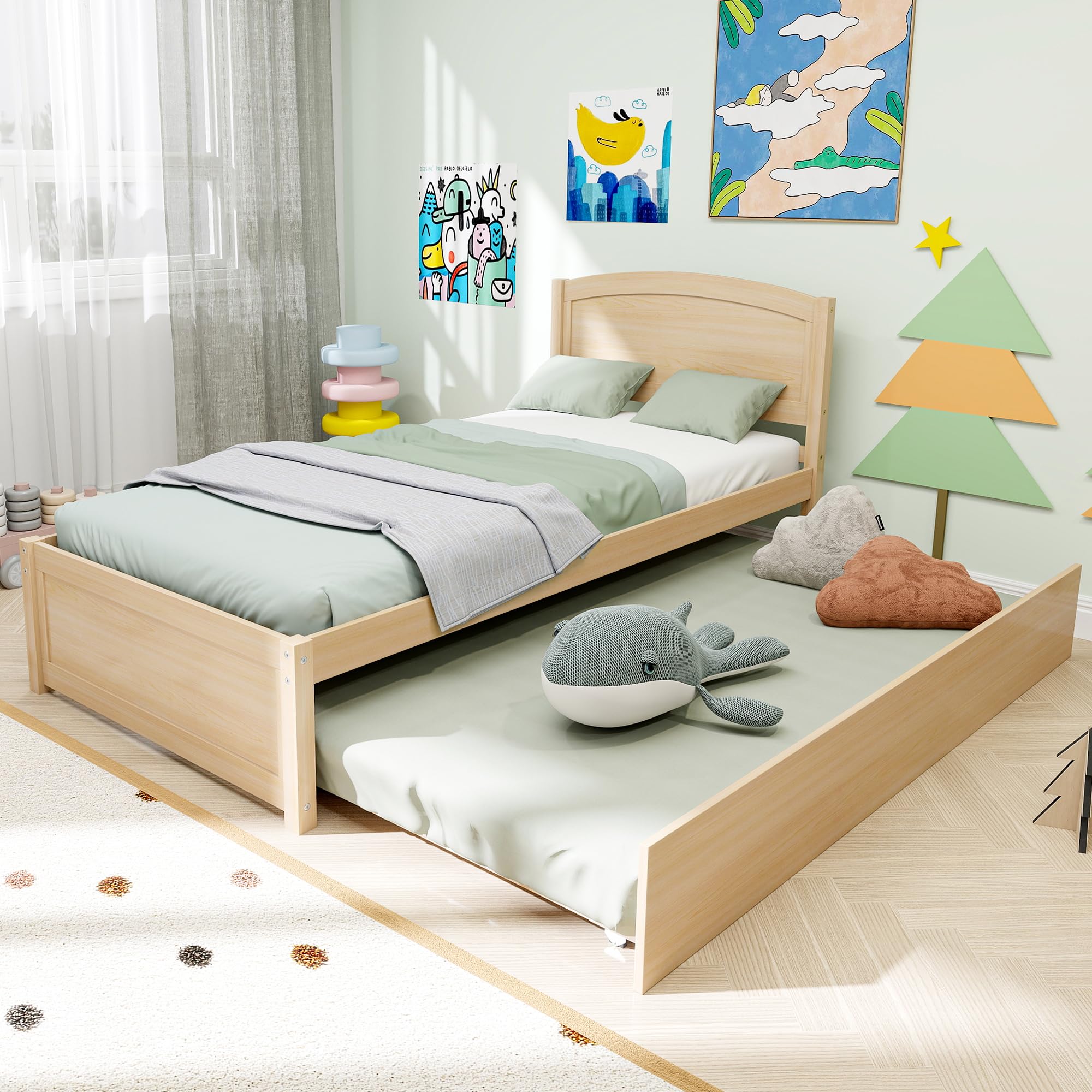 Callales Twin Trundle Bed, Solid Pine, Natural