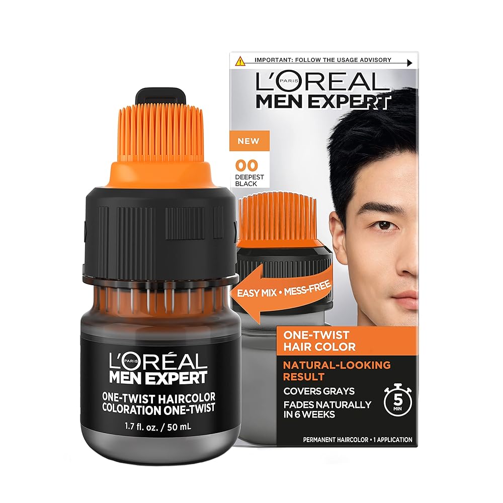LOreal Paris Men Expert One Twist Mess Free Permanent Hair Color, Mens Hair Dye to Cover Grays, Easy Mix Ammonia Free Application, Deepest Black 00, 1 Application Kit