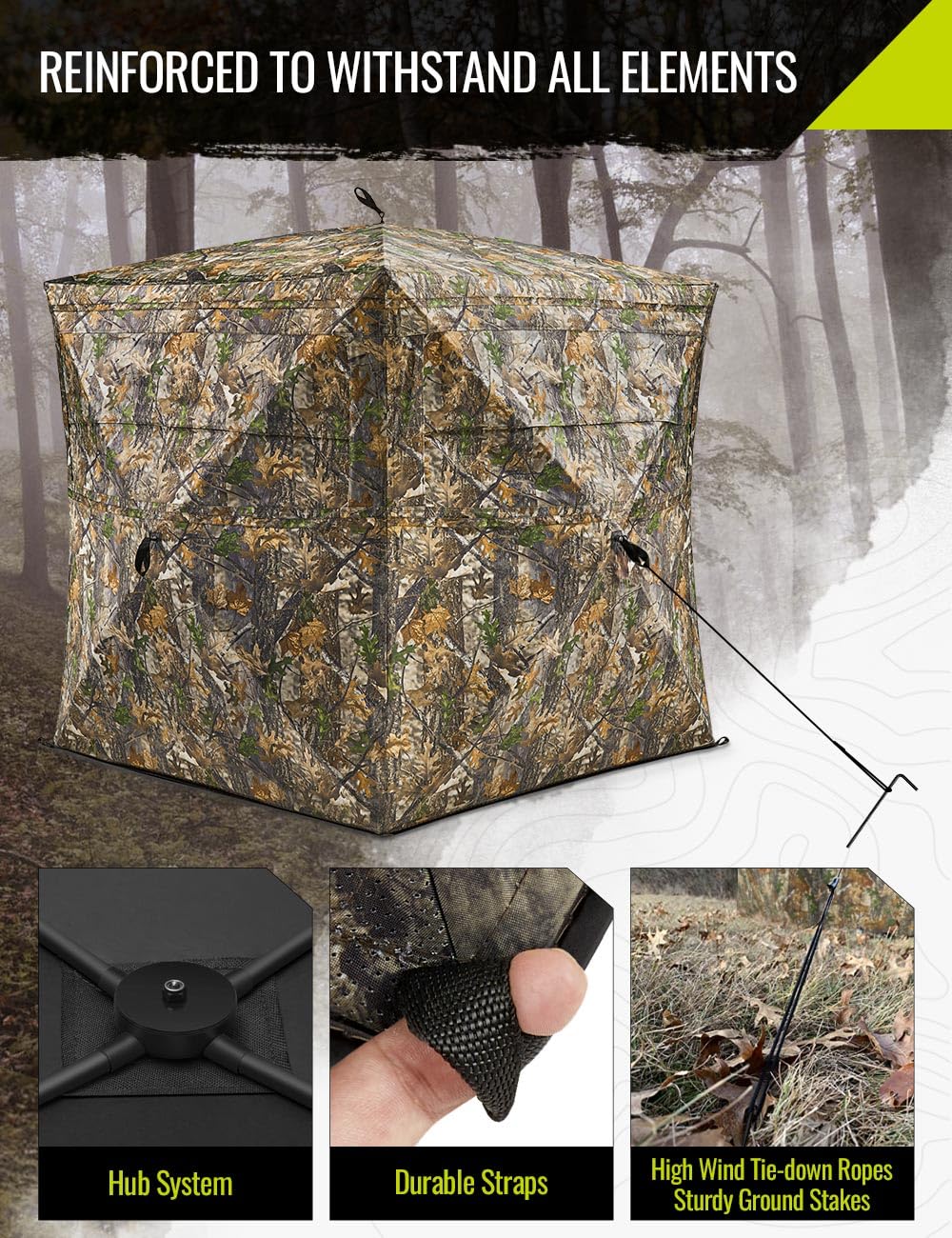  Hunting Blind See Through with Carrying Bag, 2-3 & 3-4 Person Pop Up Ground Blinds 270 Degree, Portable Durable Hunting Tent for Deer & Turkey Hunting (Camouflage)