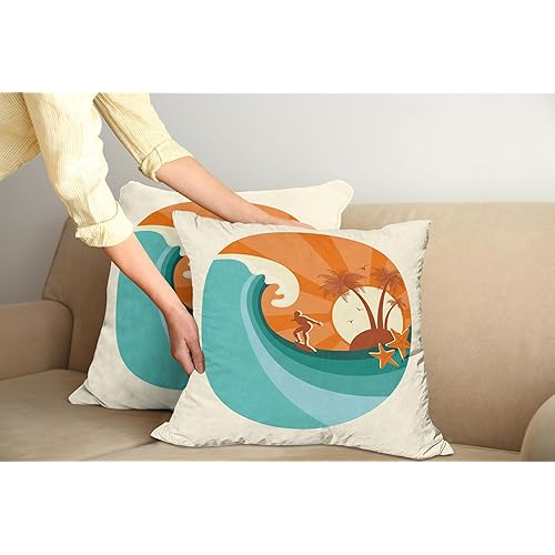Ambesonne Ride The Wave Pillow Cushion Cover Pack of 2, Retro Man Surfing at Beach Island Coconut Palm Trees Illustration, Decorative Square Accent Pillow Case, 2 Pcs-16" x 16", Orange Cream and Teal