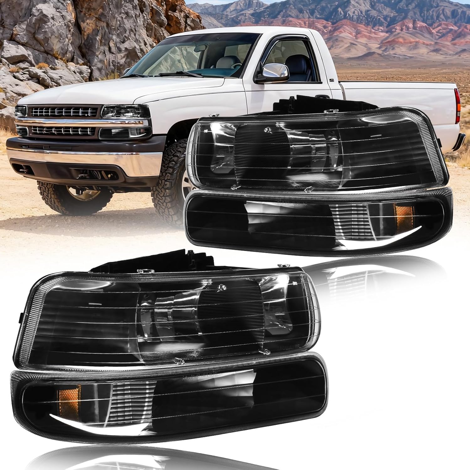 headlight assembly, compatible with 1999-2002 chevy silverado 1500 2500/2001-2002 silverado 1500hd 2500hd 3500hd black housing amber reflector black housing amber reflector 1999-2002 chevy silverado