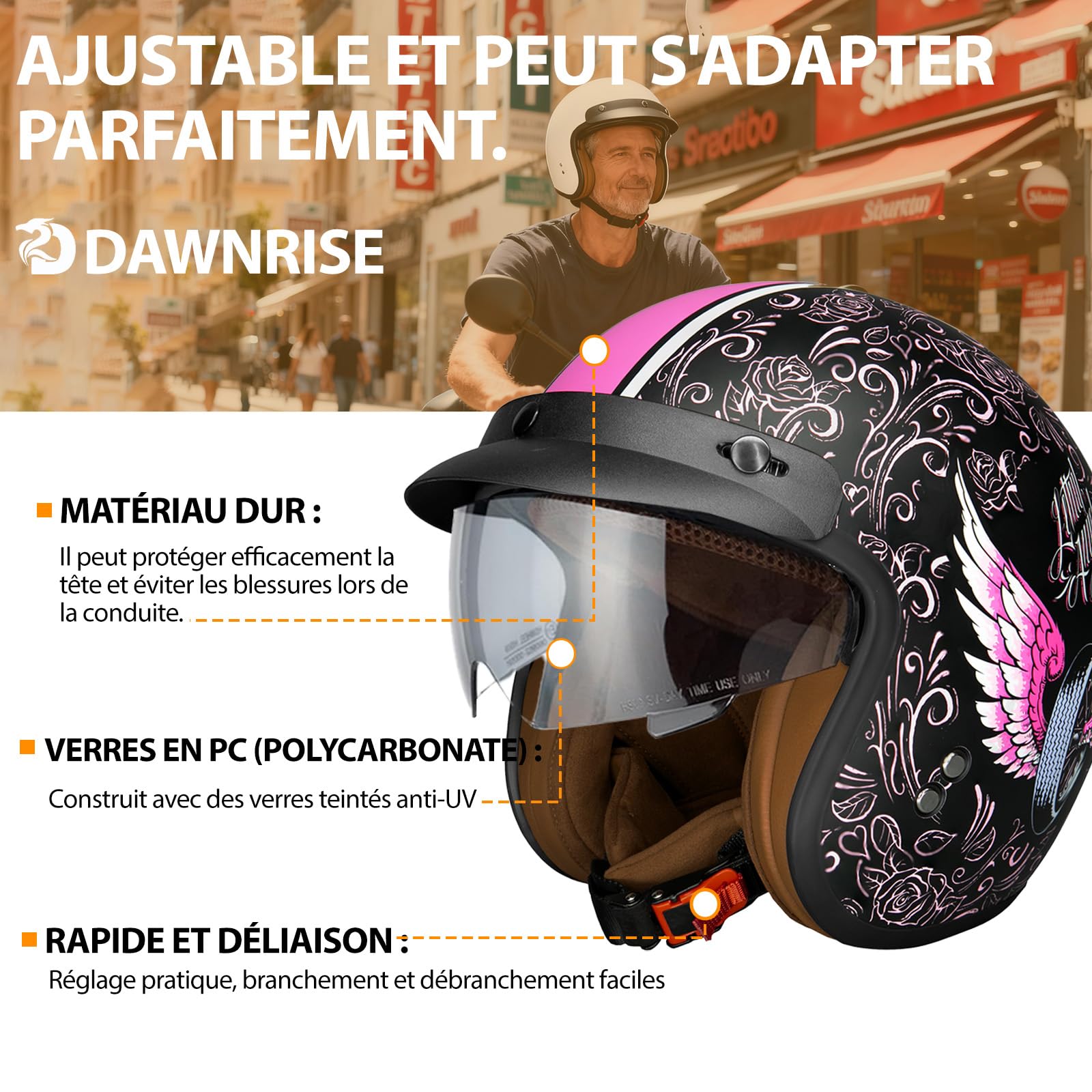 Casque Moto Jet ECE Homologué, Casque Femme Scooter Ouvert Adulte Vintage Visière, Casque Jet Ouvert Scooter (Wind Fire Wheel, M)