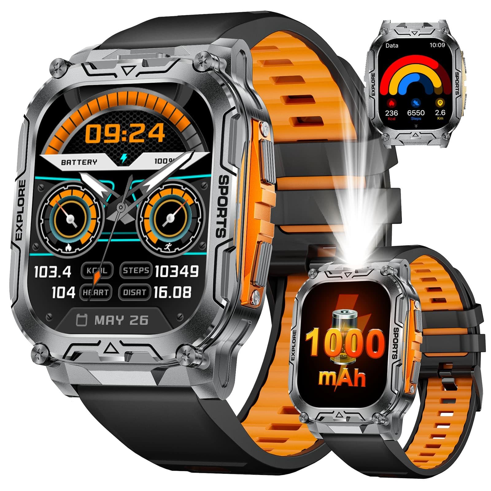 SUNKTA Smartwatch da uomo militare con batteria da 1000 mAh, con grande display HD da 2,01", funzione telefonica, impermeabile IP68, orologio fitness, frequenza cardiaca, monitoraggio del sonno, SpO2