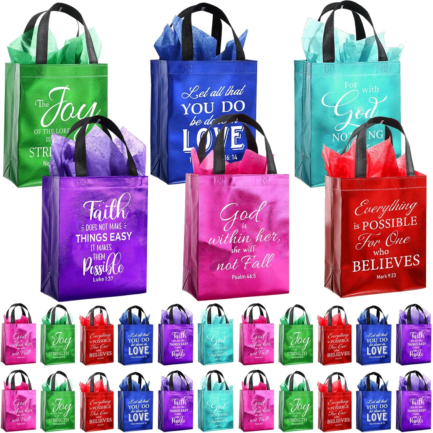 Tellingyou 24 Pieces Christian Religious Gift Bags 8 x 4 x 10 Inch Bible Verse Reusable Gift Bags with Tissues for Baptism Easter Wedding Birthday