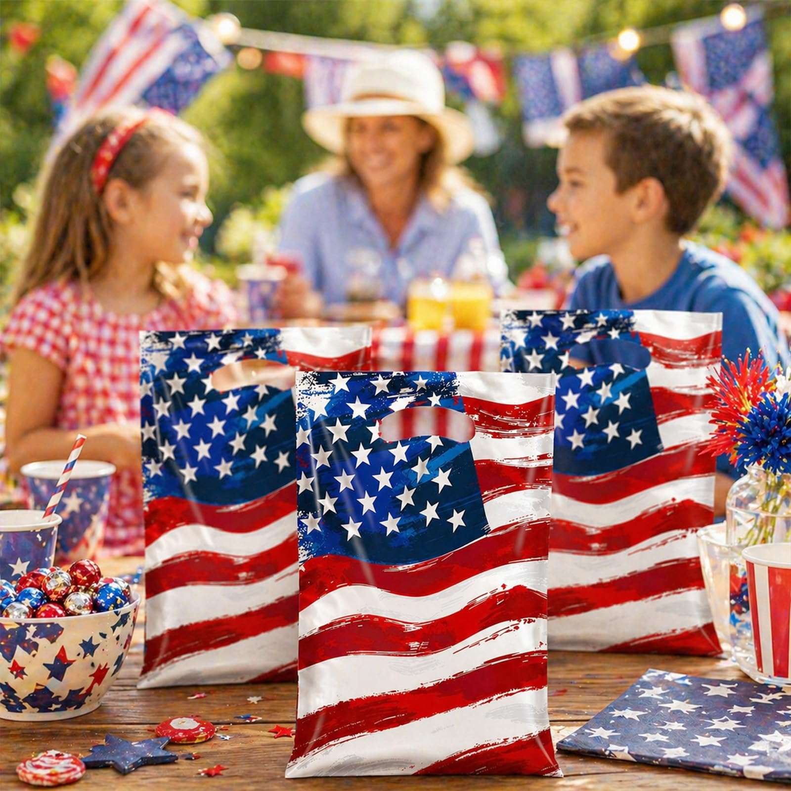 50 Pack American Flag Party Favor Bags, Patriotic Plastic Goodie Treat Gift Bags for 4th of July, Independence Day, Memorial Day, Veterans Day, USA Flag Candy Loot Bags, Patriotic Party Supplies
