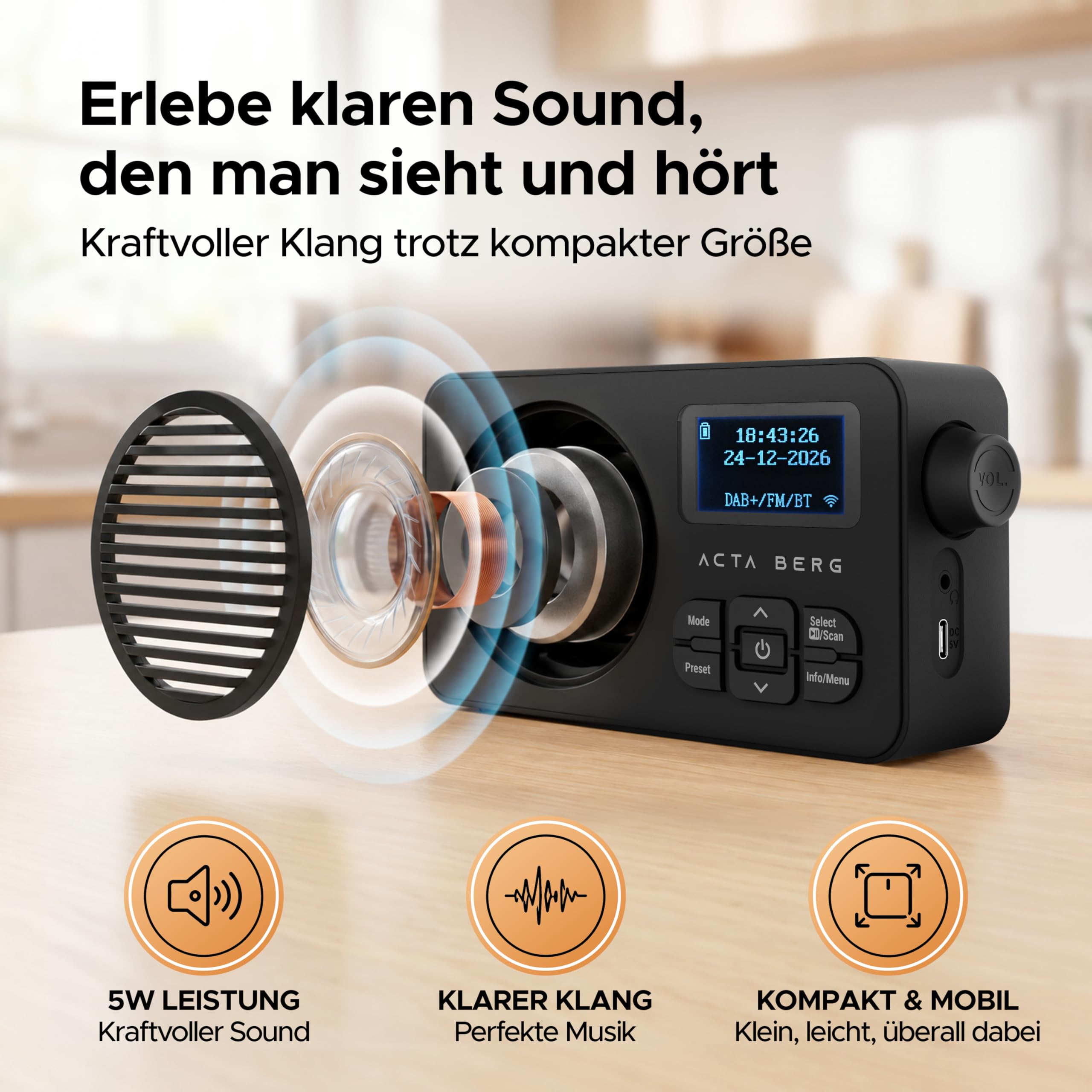 DAB Radio mit Akku 5000 mAh austauschbar & BT 5.3 (Schwarz) | DAB+/UKW-Radio, Akku austauschbar + Netzstecker, 80 Senderspeicher, USB-C, tragbares Digitalradio, mit Wecker & Timer