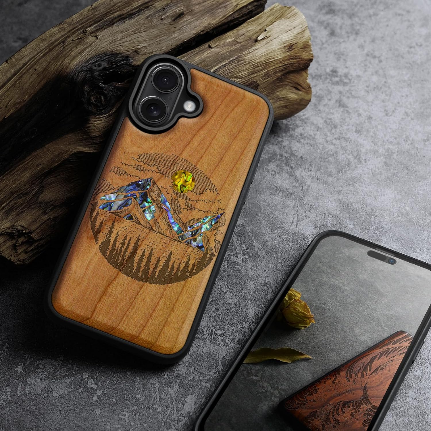 Carveit Magnetic Wooden Case for iPhone 17 Case, Wood Artisan Engraved & Handmade Shell Inlaid, TPU Shockproof Cover, Compatible with MagSafe Wireless Chargers (Landscape Painting-Cherry)