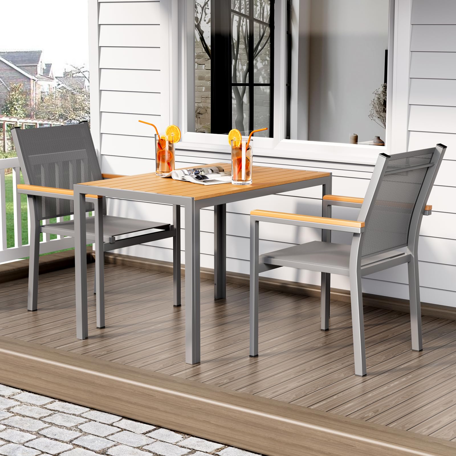 LIFERUN Krzesła ogrodowe, zestaw 4 sztuk, aluminium, możliwość układania w stos, tekstylne, poręcz WPC, krzesła balkonowe, na taras, balkon, taras, basen, do restauracji, odporne na warunki