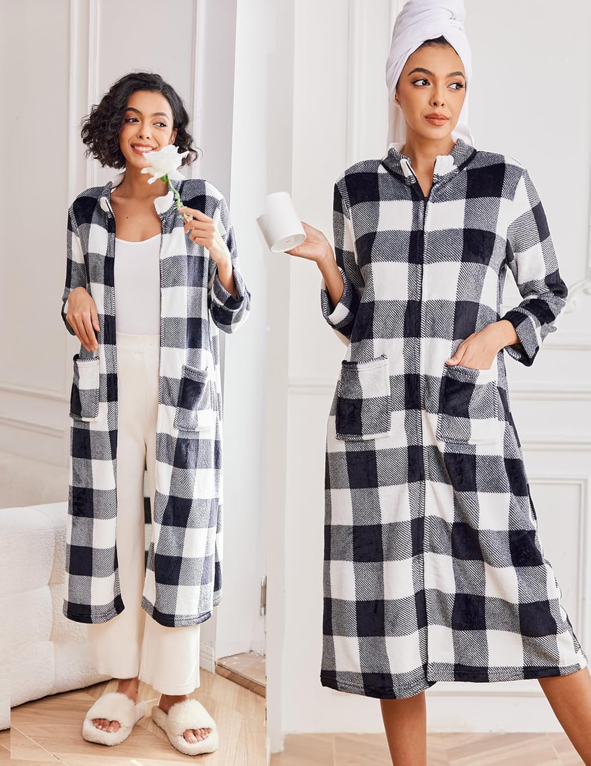 Ekouaer Women Zipper Robe Fleece Long Sleeves Bathrobe Sleepwear Warm Soft Housecoat with Pockets Zip Up House Dresses - Image 3