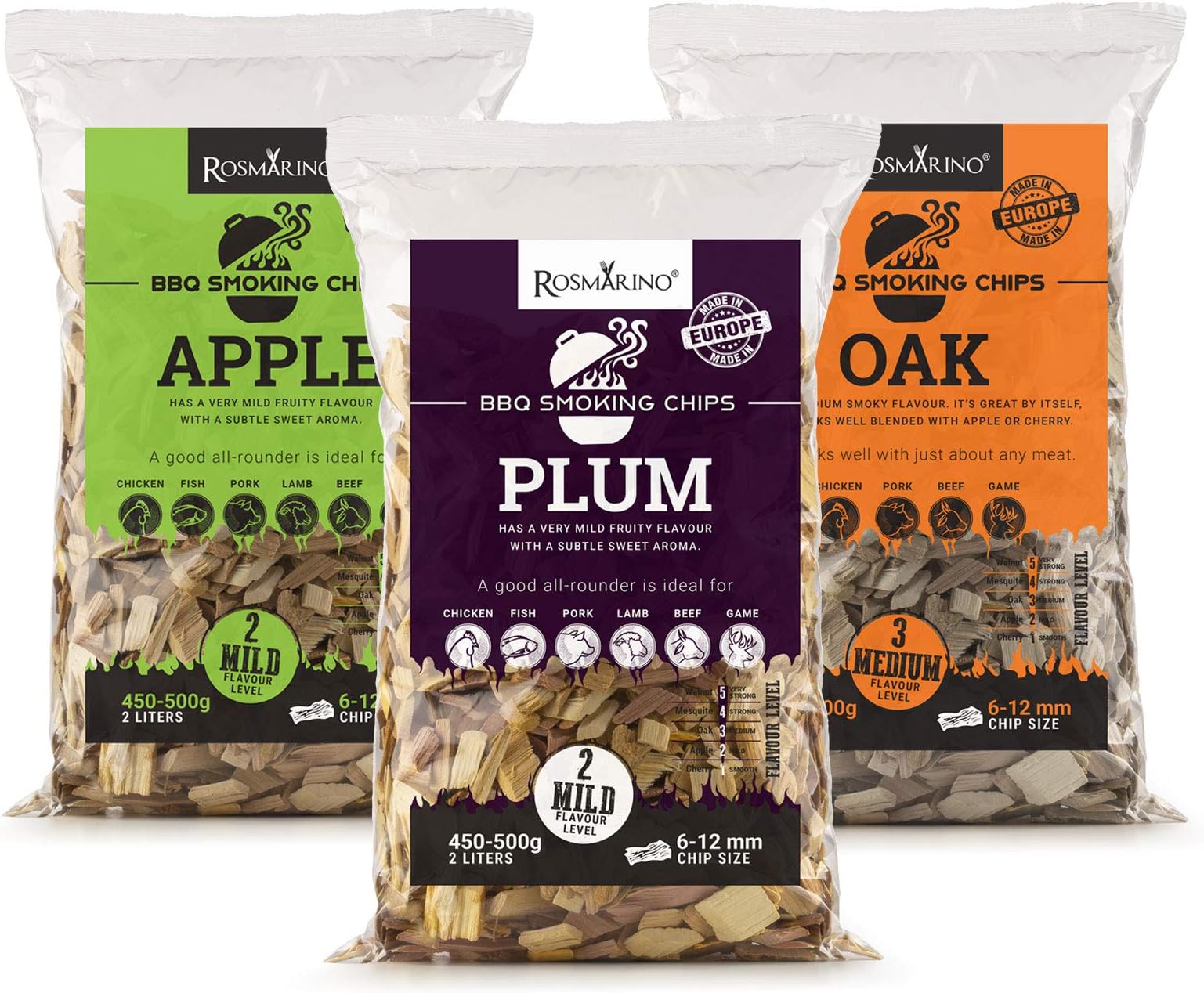 ROSMARINO Smoking Wood Chips 3 PACK - EBook with amazing BBQ Recipes Included - 100% Natural Wood Chips from Europe