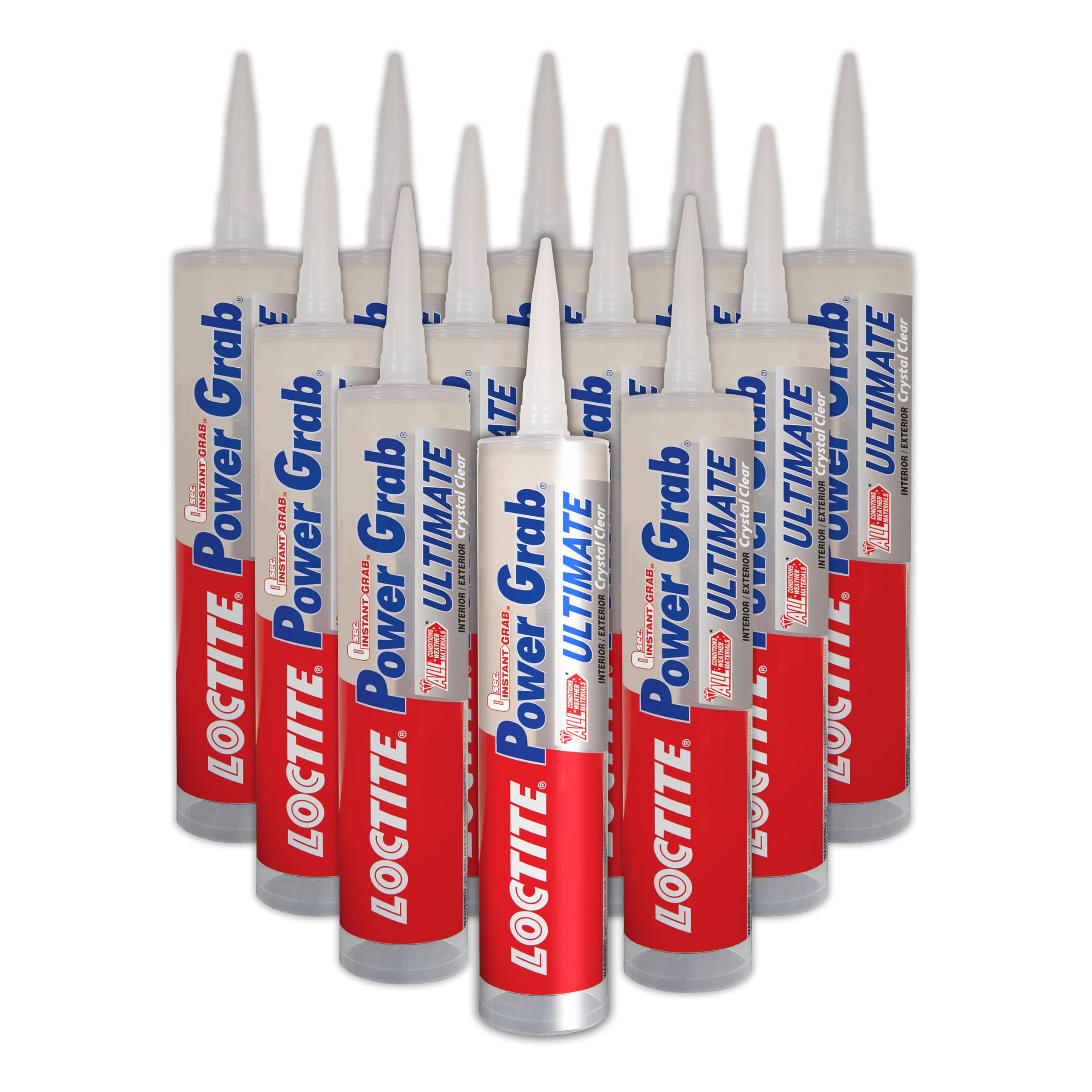Loctite Power Grab Ultimate Crystal Clear Construction Adhesive - Versatile Construction Glue for Glass, Wood, Metal & More - 9 fl oz Cartridge, 12 Pack