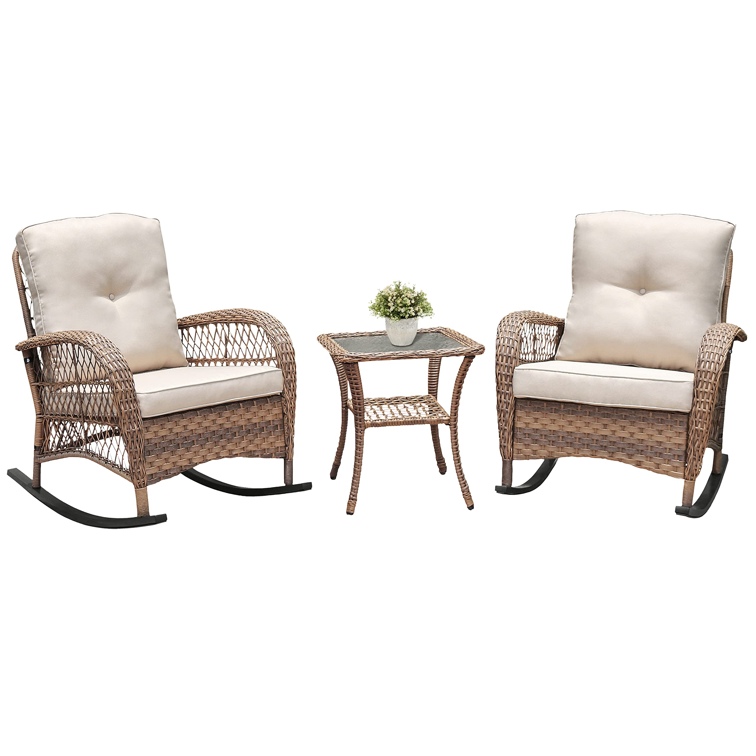 ATR Art TO Real Juego de 3 mecedoras de jardín, Juego de Muebles de conversación de ratán para Patio con Mimbre Tejido a Mano de Resina, Juego de 2 mecedoras y Mesa de café de Vidrio Templado