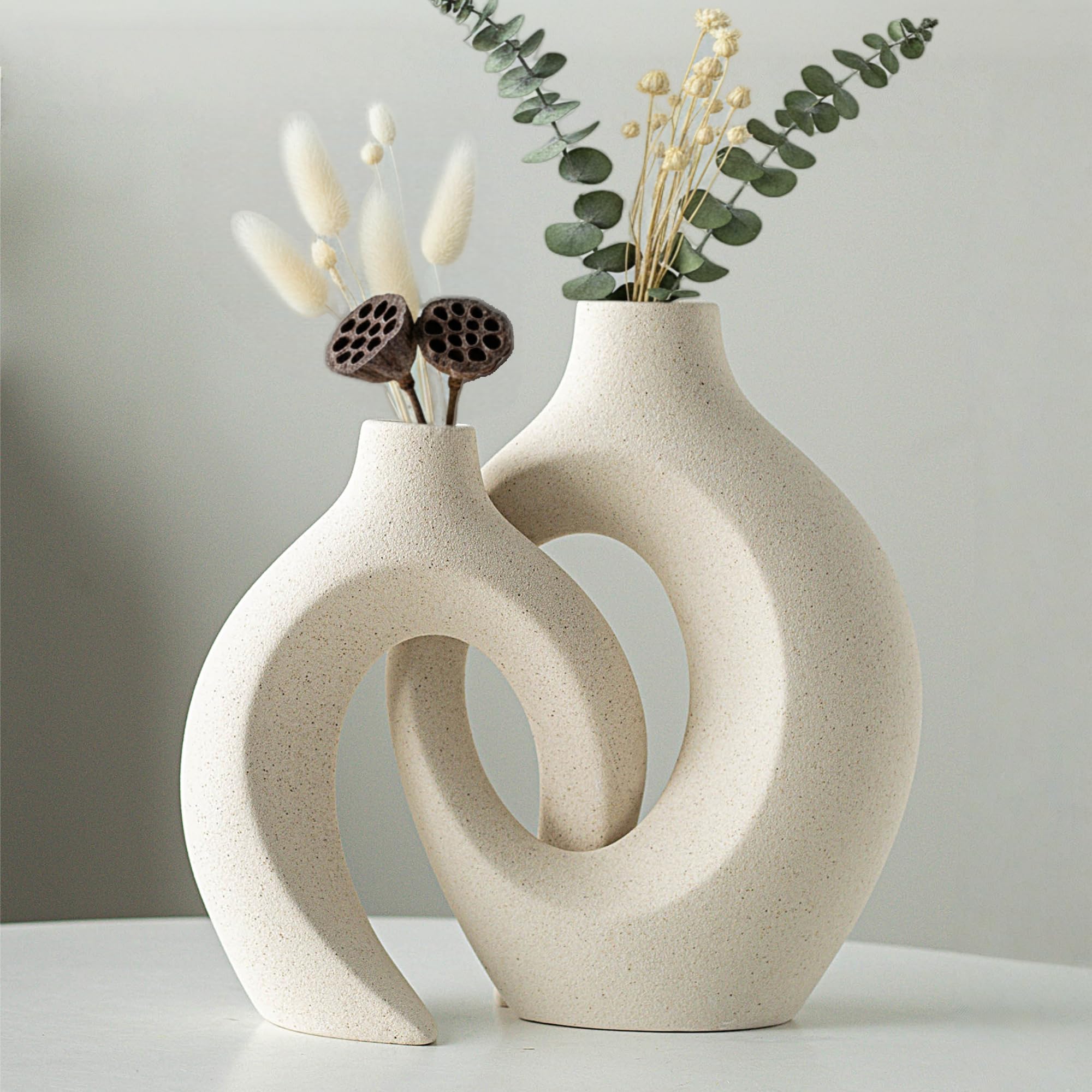 Levvohd Hollow Ceramic Vase Set of 2, Modern Nordic Minimalist Book Style Boho Aesthetic Vases for Home Decor Living Room Shelf Entryway Coffee Centerpiece Table Decorative (Cream White)