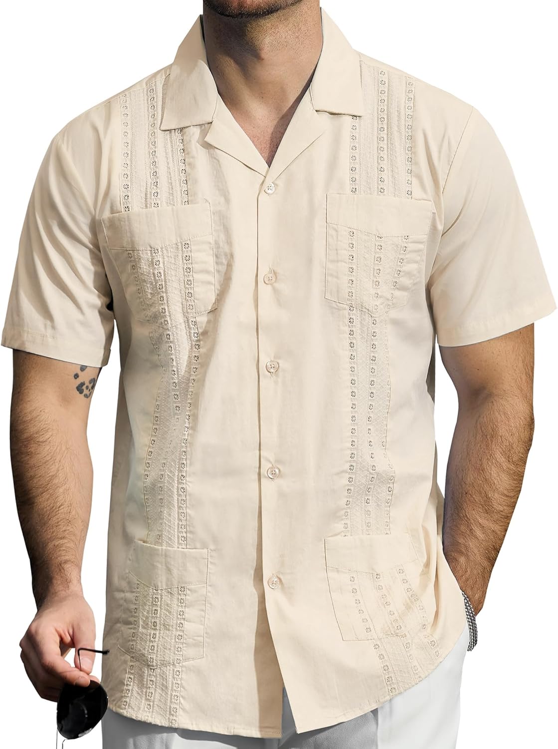 JOGAL Mens Guayabera Shirts Cuban Short Sleeve Casual Button Down Beach Shirt - Image 2
