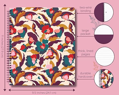 Miniatura 3 de Cuaderno grande en espiral, papel rayado universitario, 11 x 9.5 pulgadas con bolsillo y 160 páginas rayadas, joya de flores inmersas