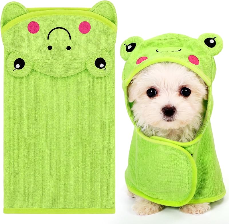 Cuffbow Toalla de baño para Perro con Capucha y Rana con Gancho de Secado rápido,Pequeña | Microfibra verde suave, albornoz para cachorros, cálido y absorbente, acogedor, para nadar y arreglarse