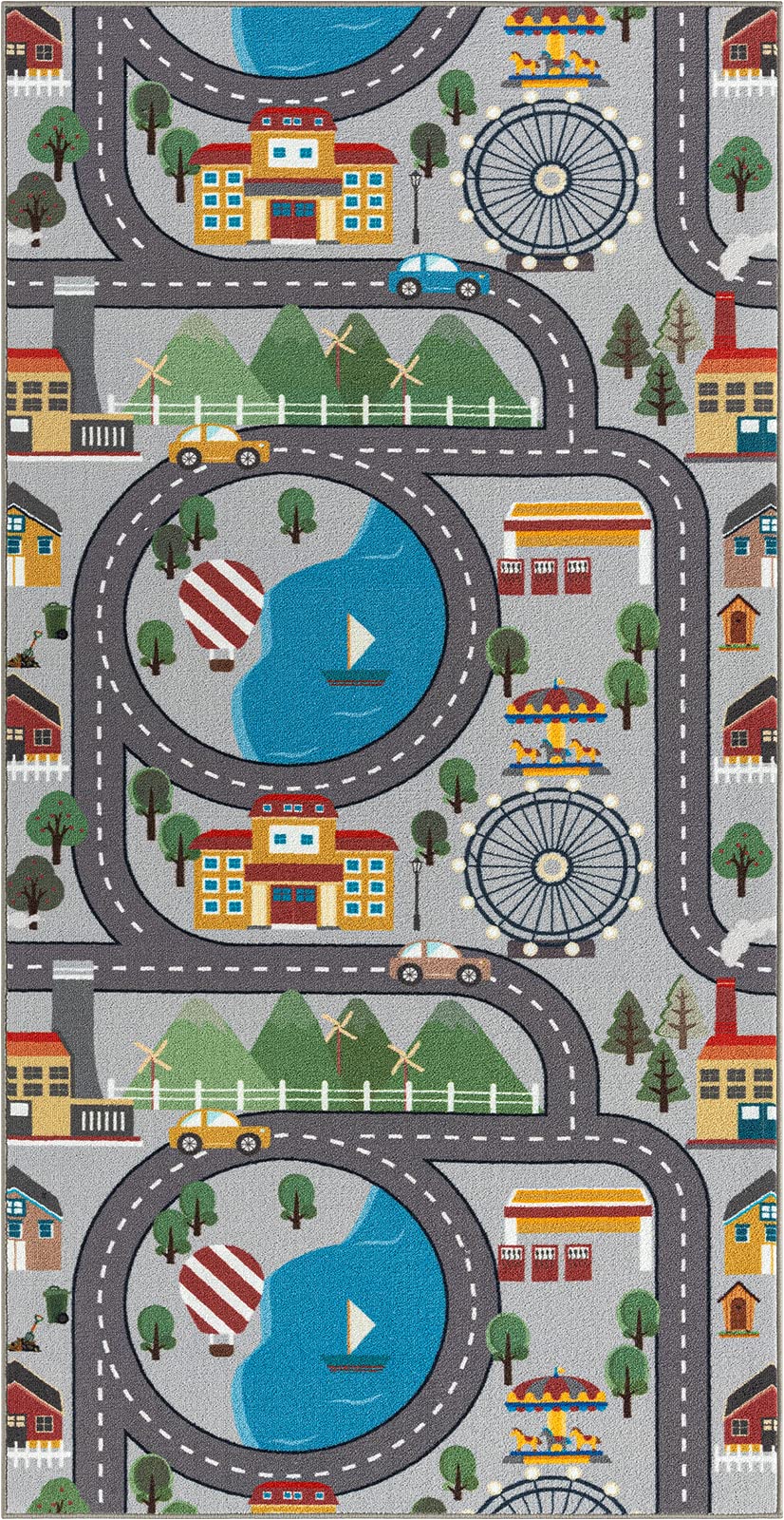 the carpet - Happy Life - Washable play mat for children's bedroom, urban pattern of streets and cars, grey, 100 x 200 cm