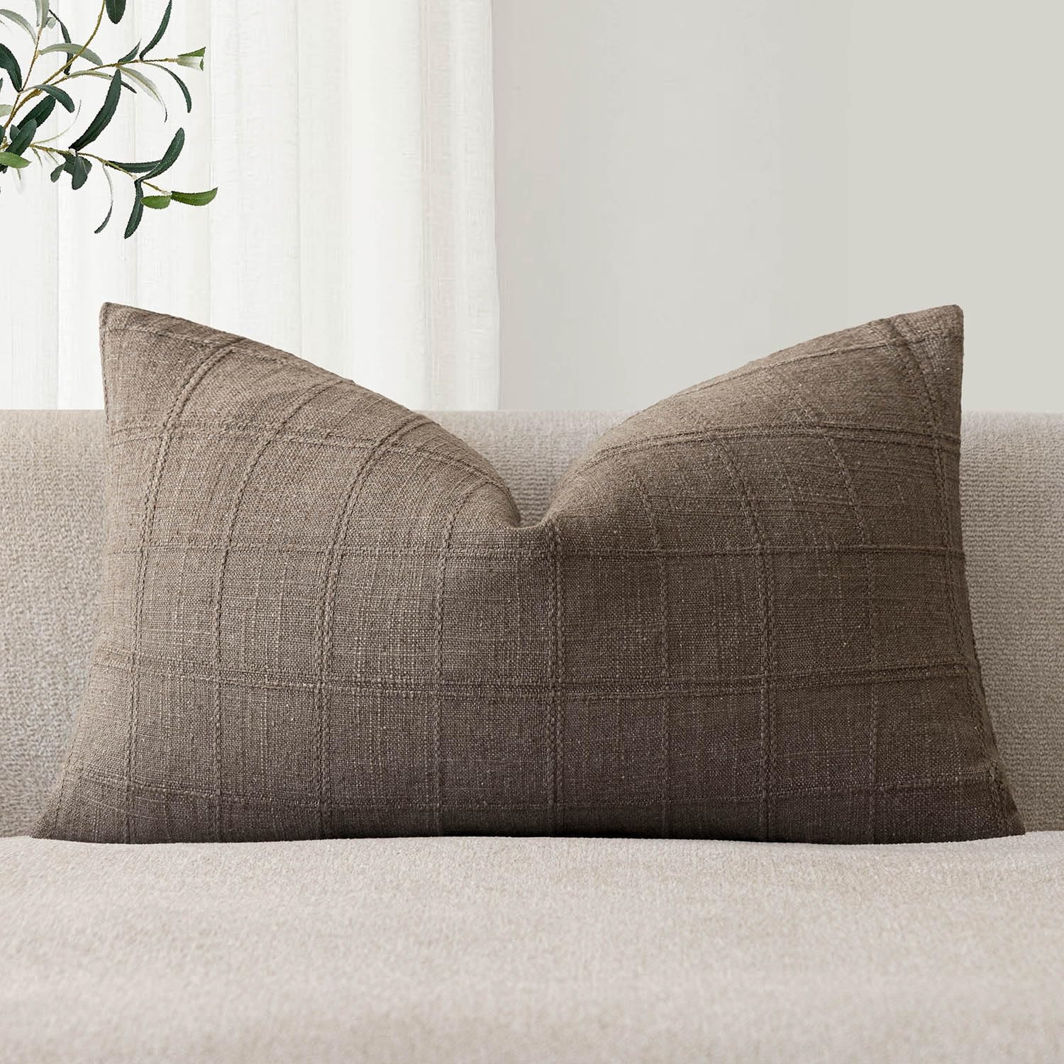 Foindtower Set of 1 Decorative Linen Check Throw Pillow Cover Neutral Farmhouse Lumbar Cushion Cover Modern Boho Home Decor for Sofa Chair Couch Bedroom Living Room,12×20 Inch,Taupe Grey