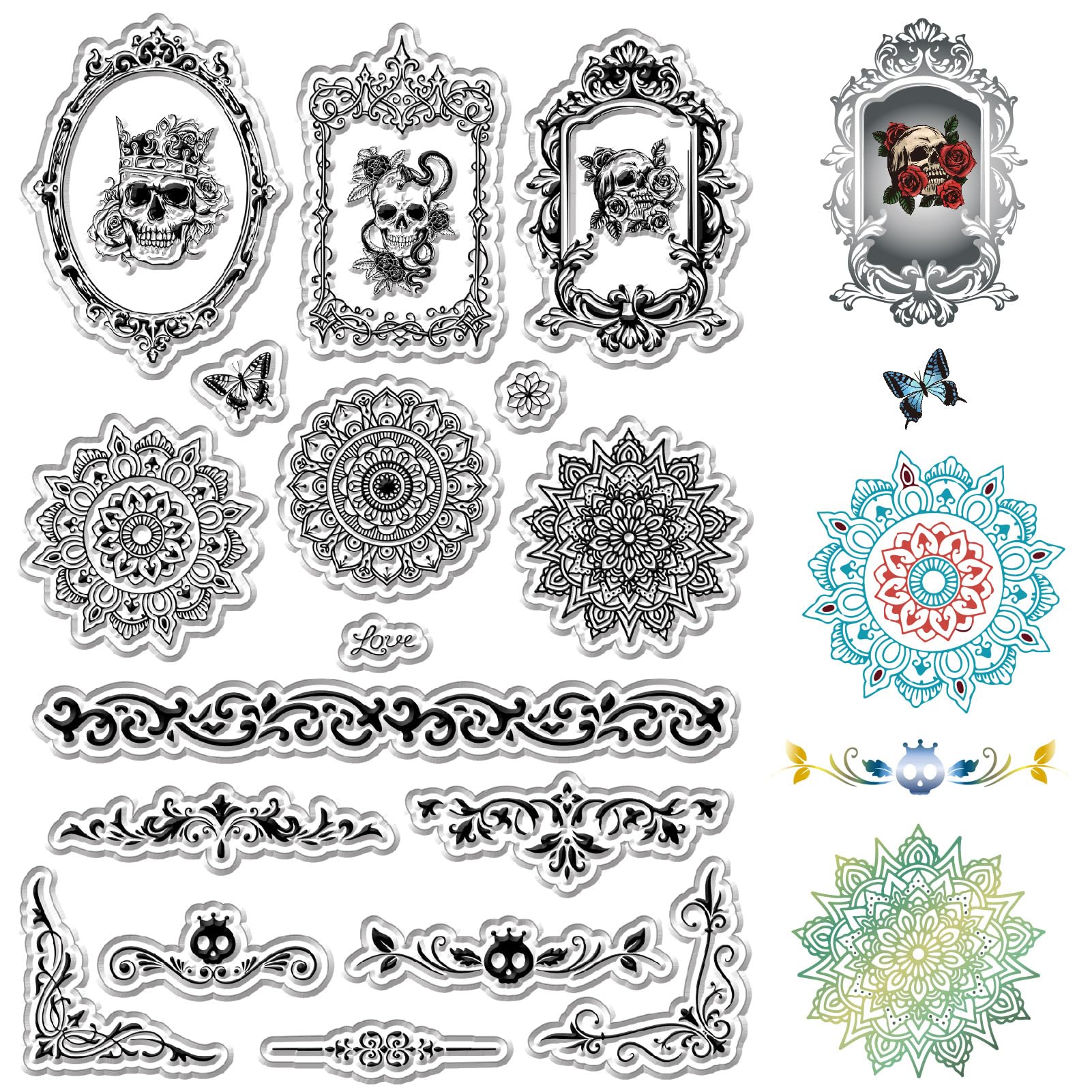 CRASPIRE Skull Clear Stamps Vintage Borders Mandala Flower Lace Reusable Postmark Transparent Silicone Stamp Seals for Halloween Journaling Card Making Decor DIY Scrapbooking Photo Album Decorative