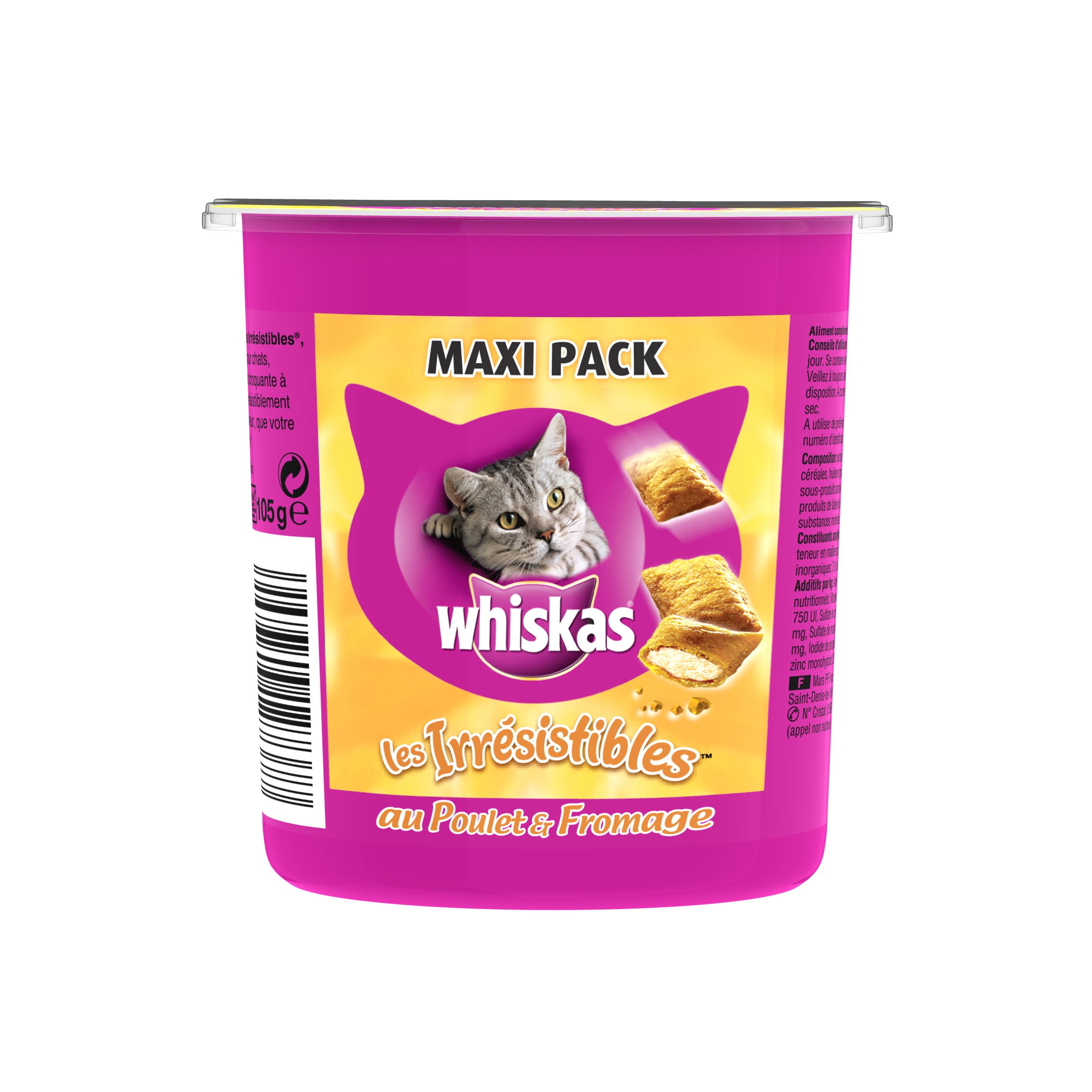 whiskas Les IRRESISTIBLES - Dolcetti per Gatti e Formaggio, 10 scatole da 105 g richiudibili per Una Migliore conservazione, Senza aromi Artificiali, Ideali per Condividere Un Momento di complicità