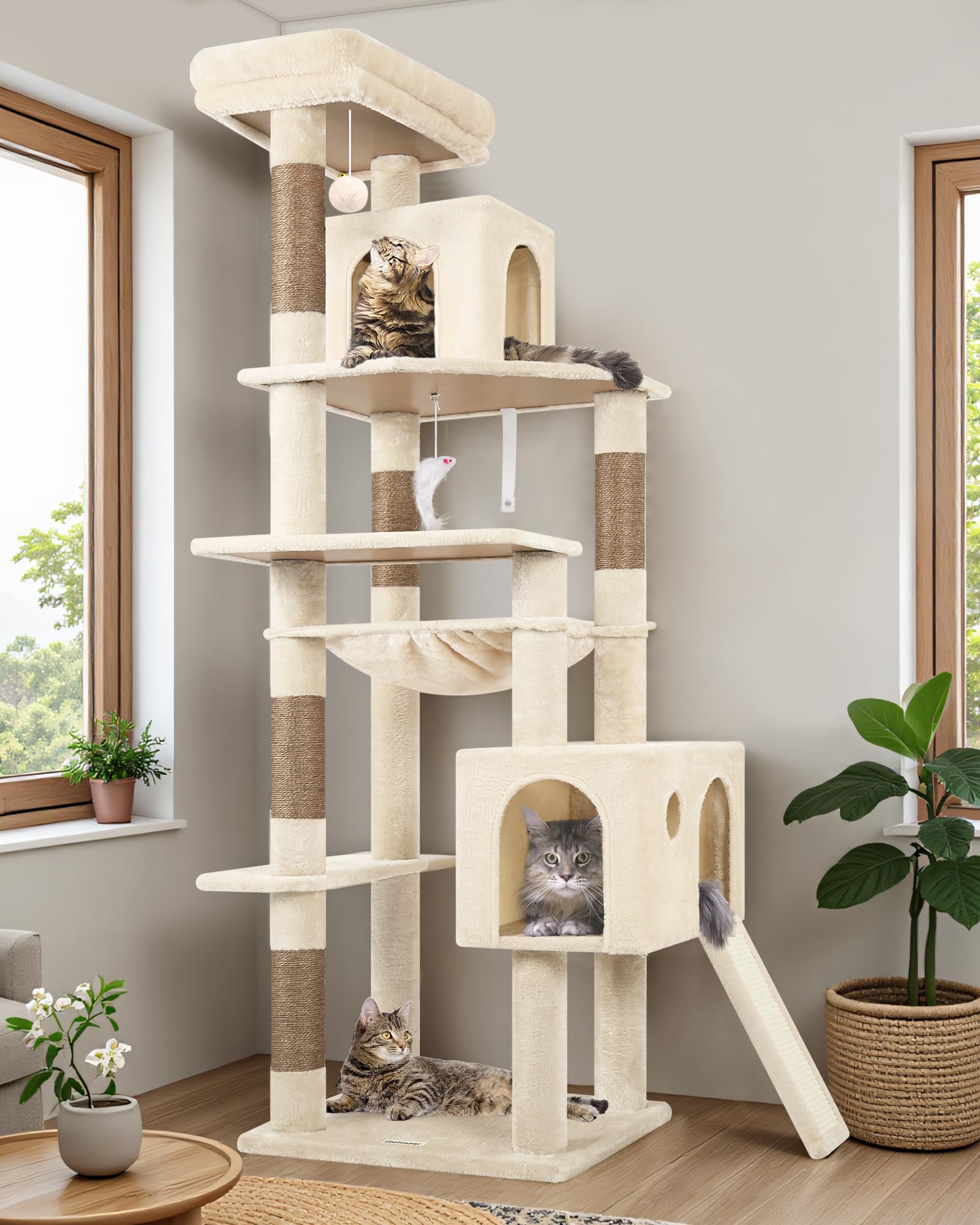 Globlazer Arbre a Chat Grand Hauteur 178 cm avec Doux Hamac, 2 Grandes Niches, Plateforme, Pente Sisal Peluche, Jouets, Arbres à Chat Coin Solide pour Gros Chats Repos Jeu Escalade (F70 Pro, Beige)