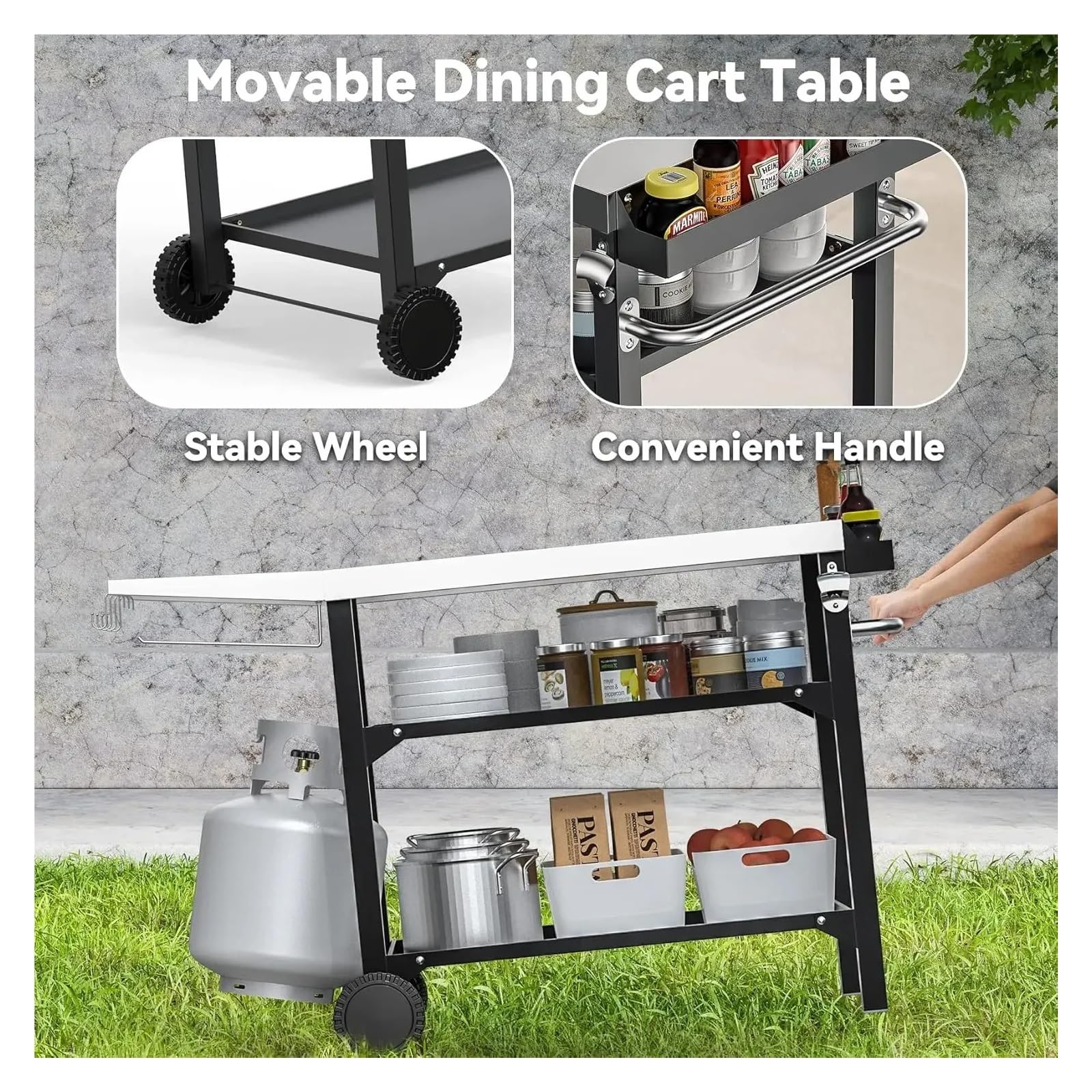 Carrello mobile per barbecue con ripiani in acciaio inossidabile a 3 ripiani, tavolo da pranzo per esterni, stazione di preparazione del cibo per grigliare, carrello portatile per barbecue per feste e