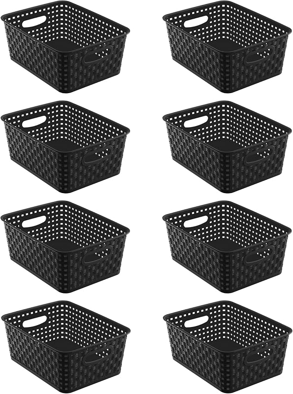 8 Pack Black Storage Baskets, Plastic Woven Organizer Baskets, Stackable Shelf Baskets for Closet, Pantry, Bathroom & Laundry Room